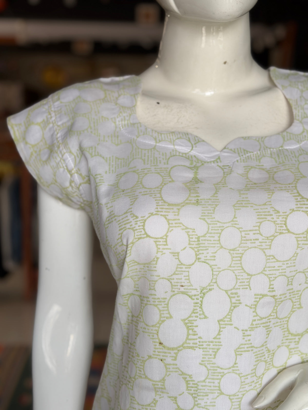White hand block printed soft cotton kurti with green circles and lines design