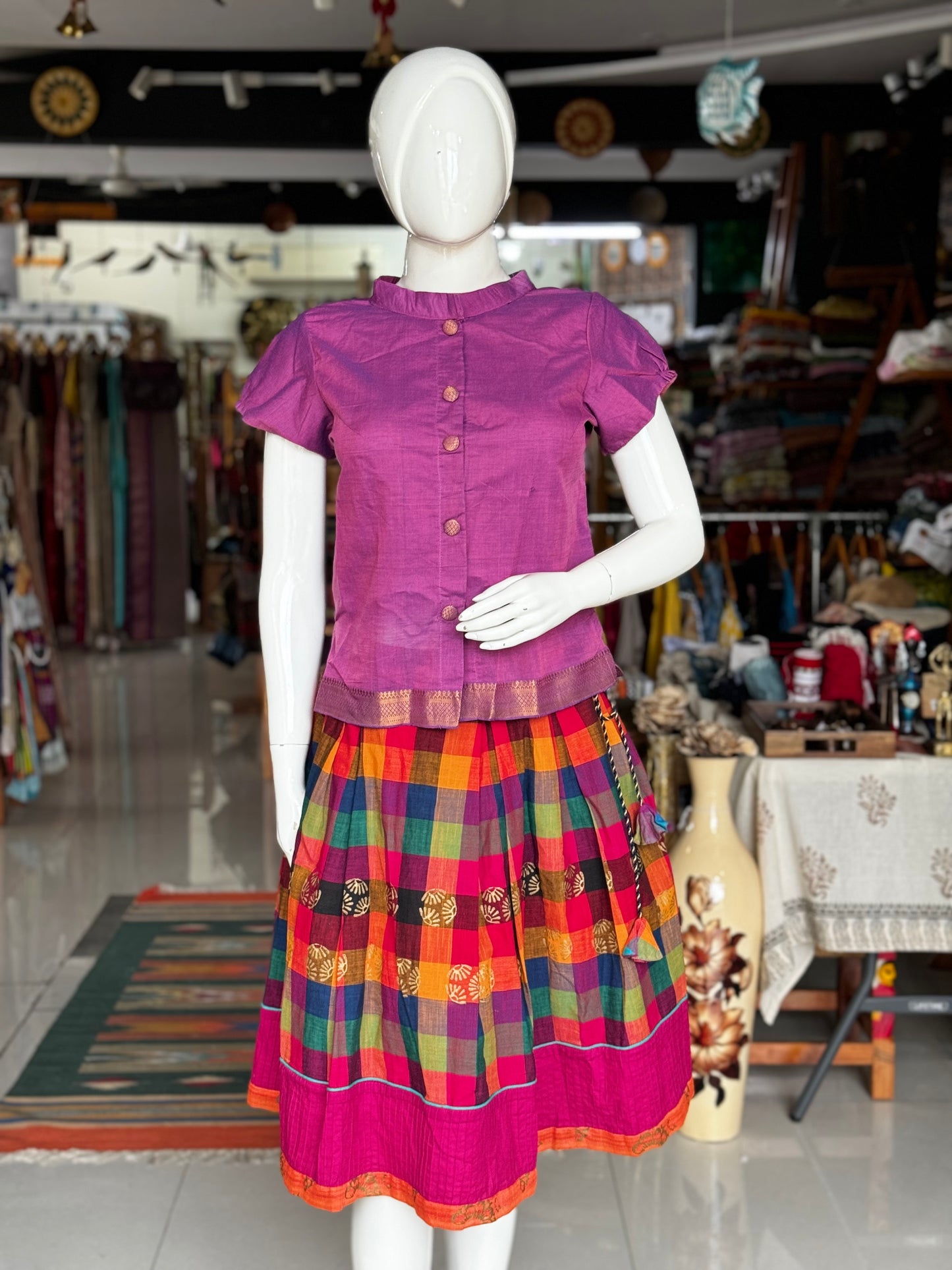 Pink Madras checks cotton short skirt - with drawstring waist