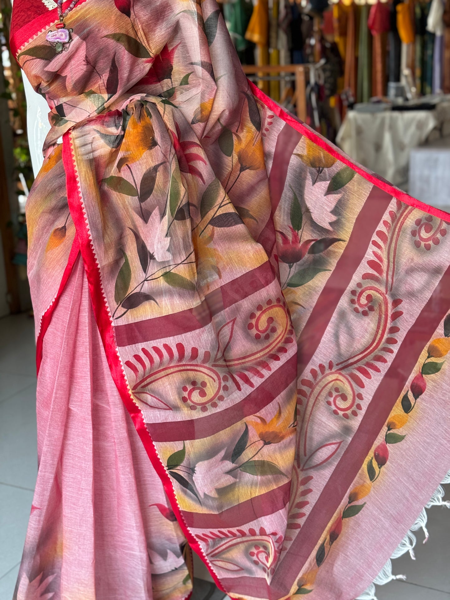 Pink floral hand painted cotton saree