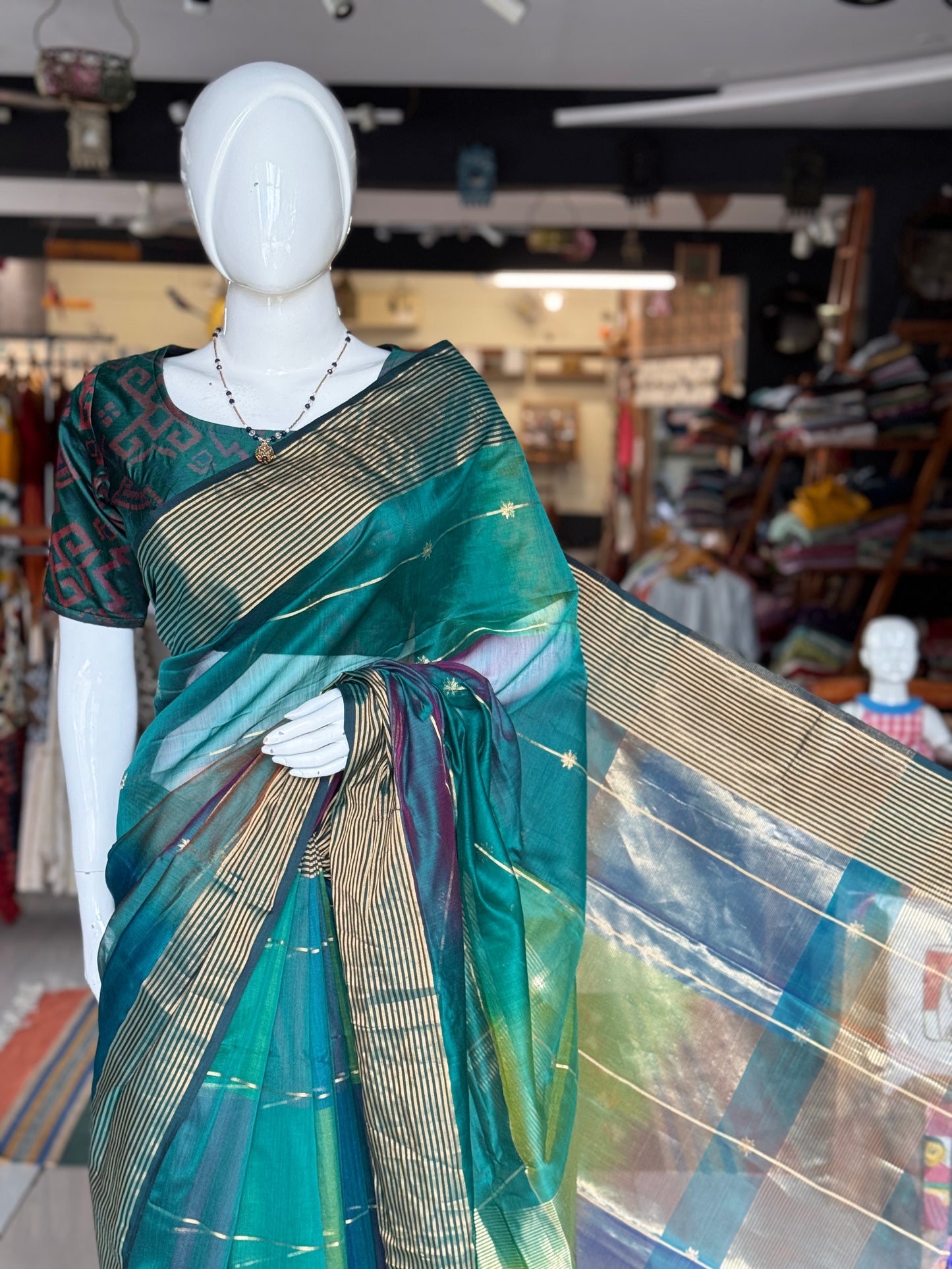 Turquoise, teal, green - multi color star buti stripes silk cotton Maheshwari handloom saree