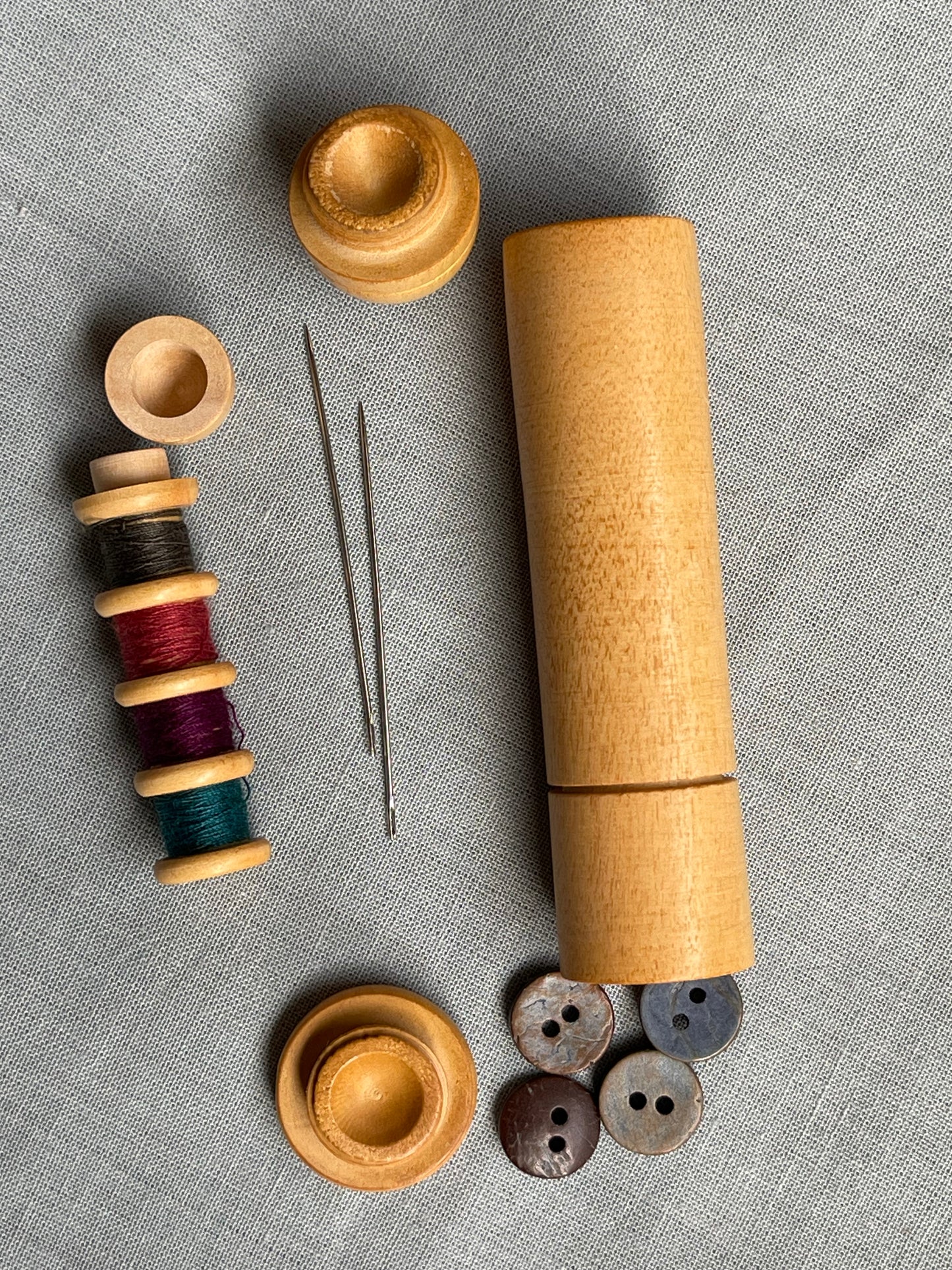 Travel sewing kit for threads, buttons, needles - Wooden handmade