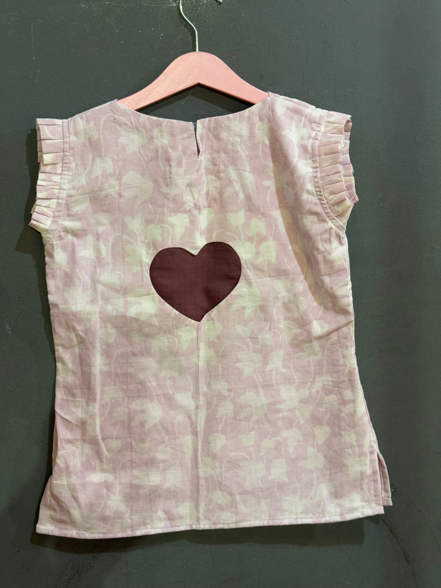 Light lavender hand block printed cotton top for girls with heart cutout at the back