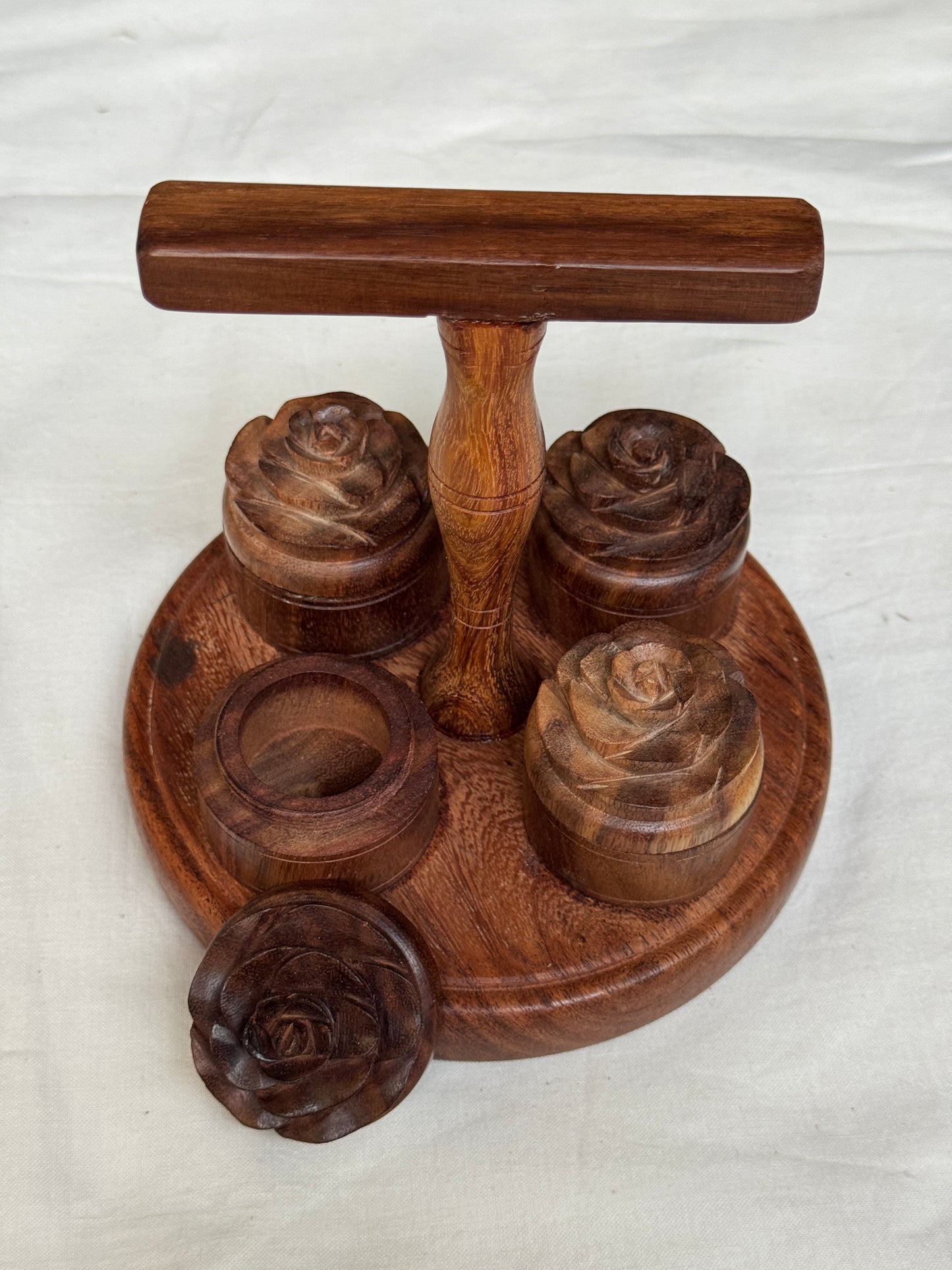 Carry pooja essentials together - handcrafted wood small haldi kumkum chandan akshat boxes with rose on top - with handle and attached to base