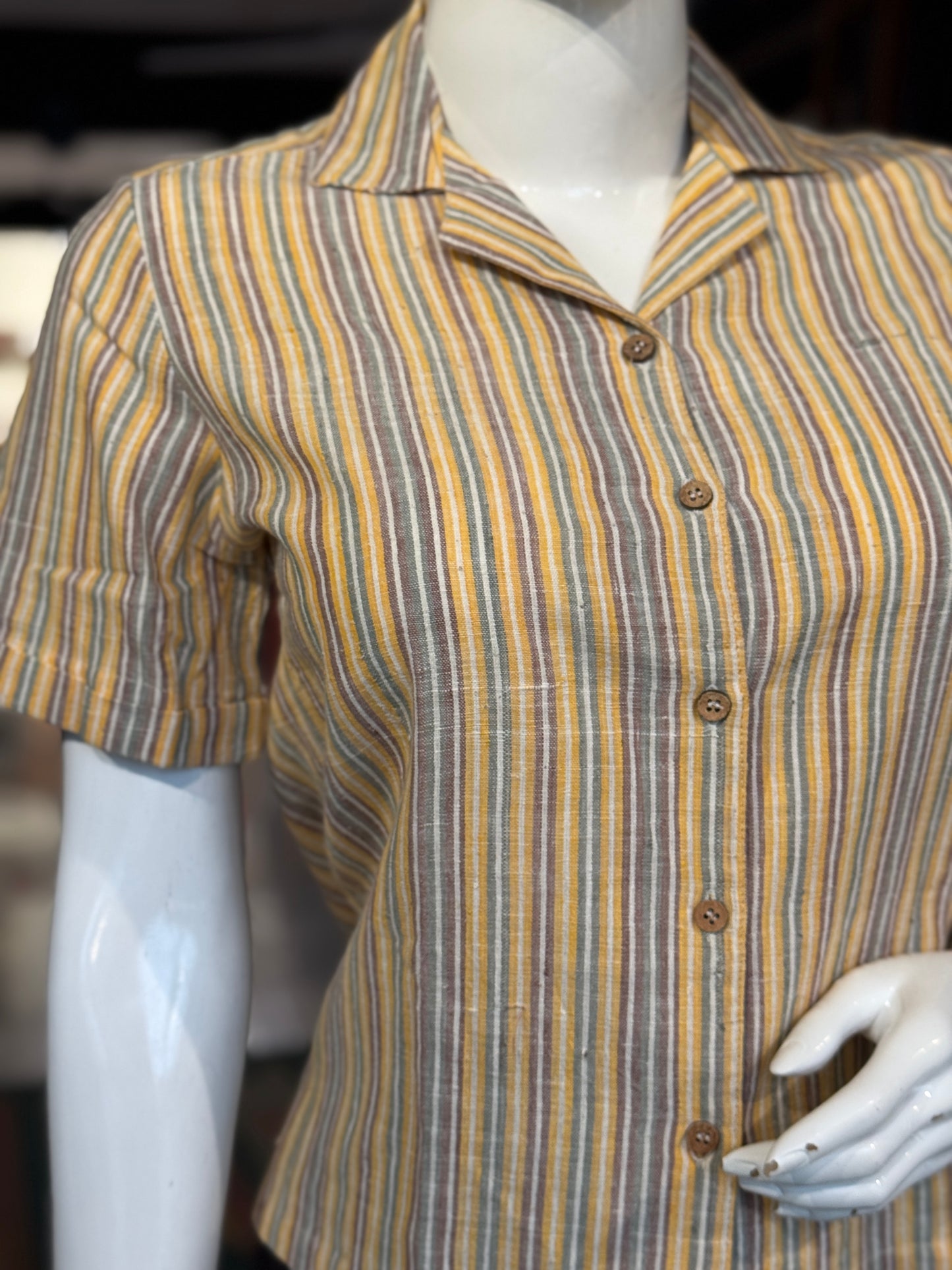 Yellow, green, purple stripes hand woven kala cotton shirt for women