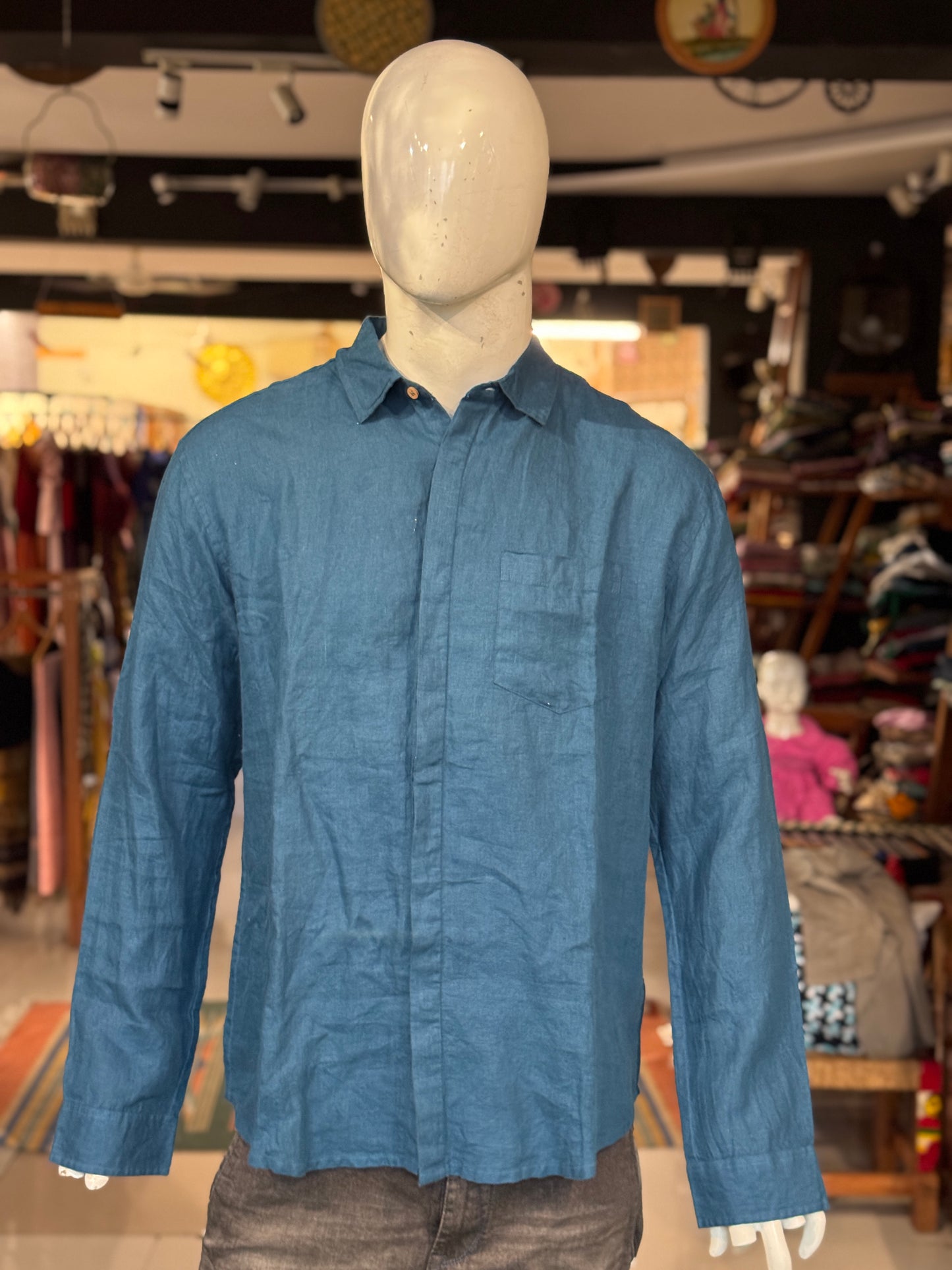 Teal linen handwoven full sleeves shirt for men