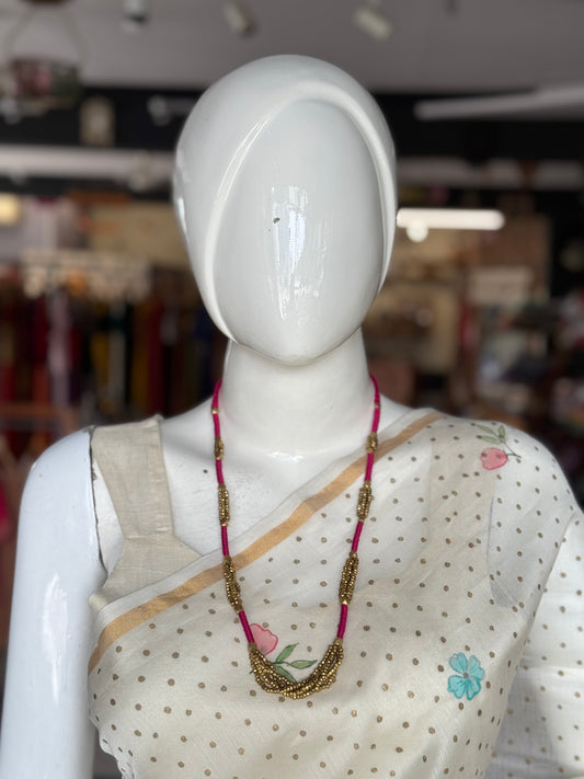 Pink wrapped cord thread and dokra brass beads chain bunch handcrafted neckpiece