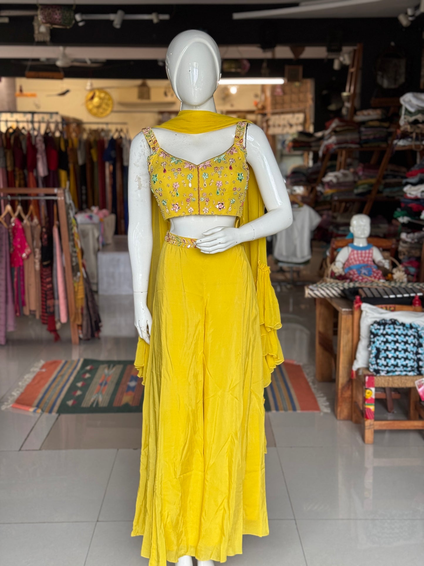 Yellow hand embroidered georgette blouse top, satin plazo and georgette ruffles dupatta - 3 piece set
