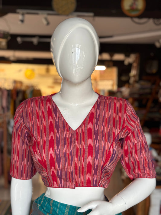 Red and violet stripes handloom ikat cotton blouse with piping details and lining