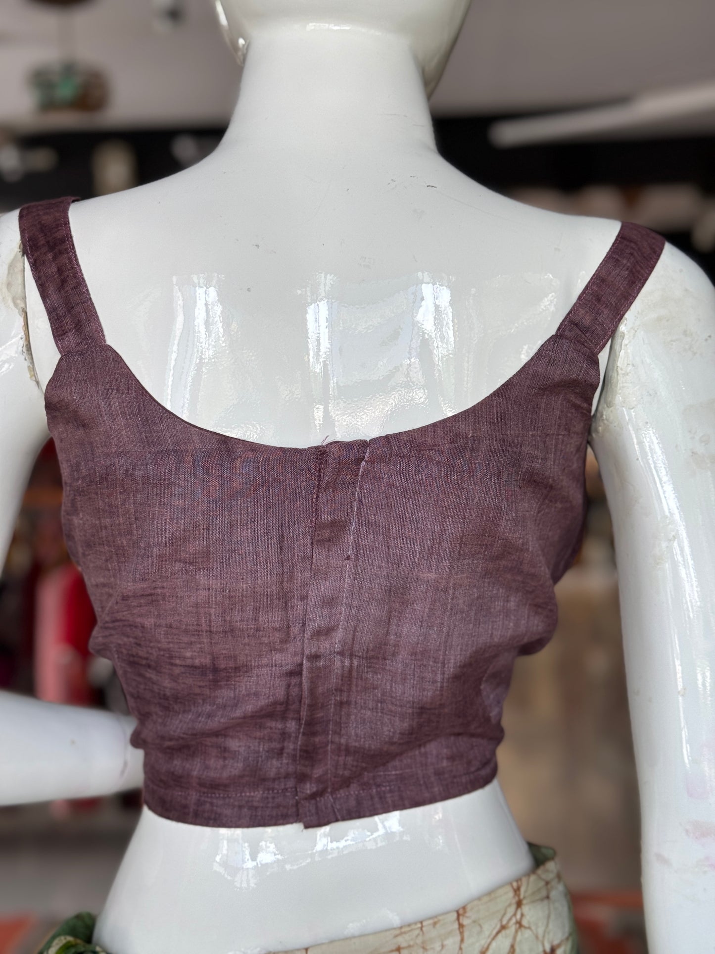 Plum strap sleeves back open silk blouse