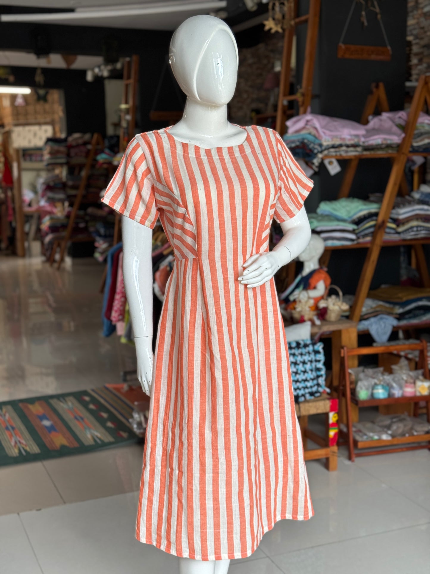 Orange and white stripes kala cotton, handwoven princess cut dress