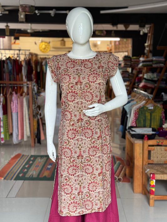 Pink green flowers Kalamkari hand block printed cotton straight kurti