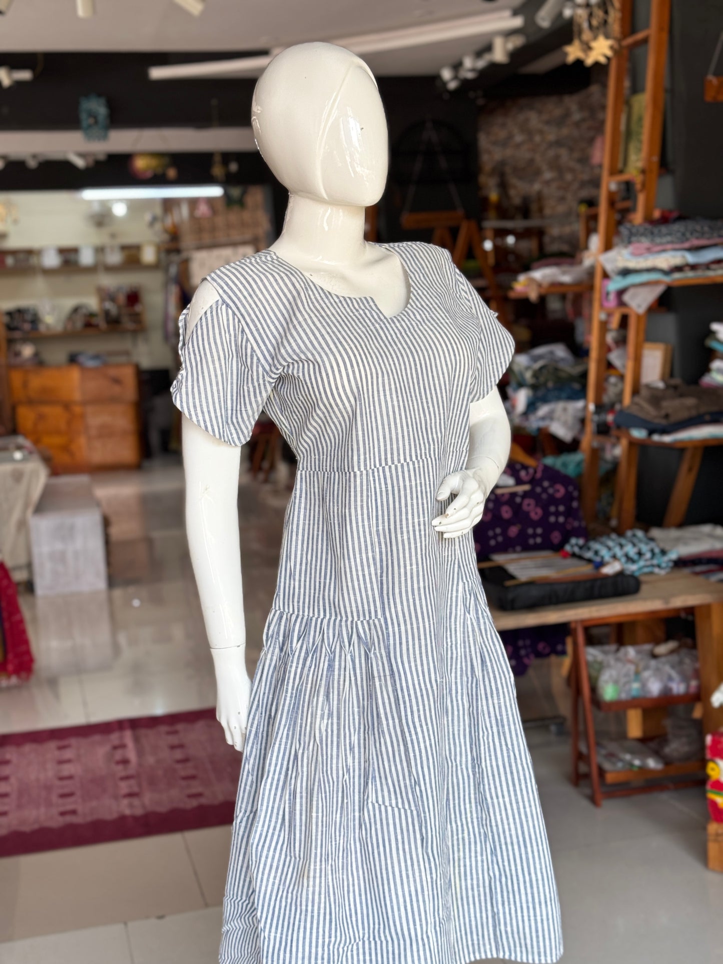 Grey and white stripes handwoven, cotton dress with cinched pleats and asymmetric neckline