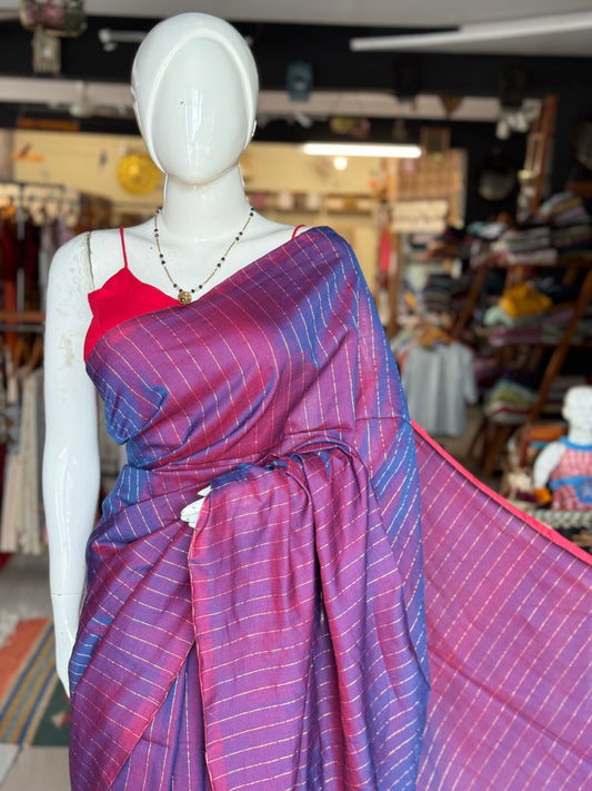 Purple and maroon reversible handwoven 4 pedal weave cotton Maheshwari saree all over stripes