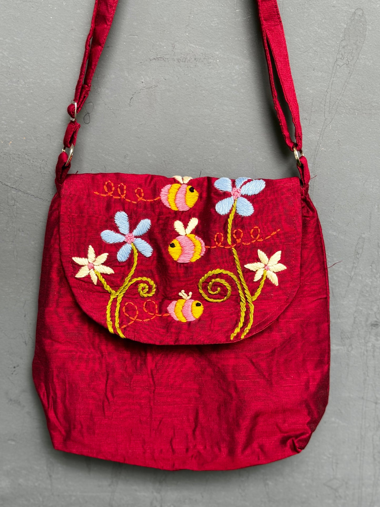Light weight fabric bag with colourful hand embroidery - adjustable length sling bag