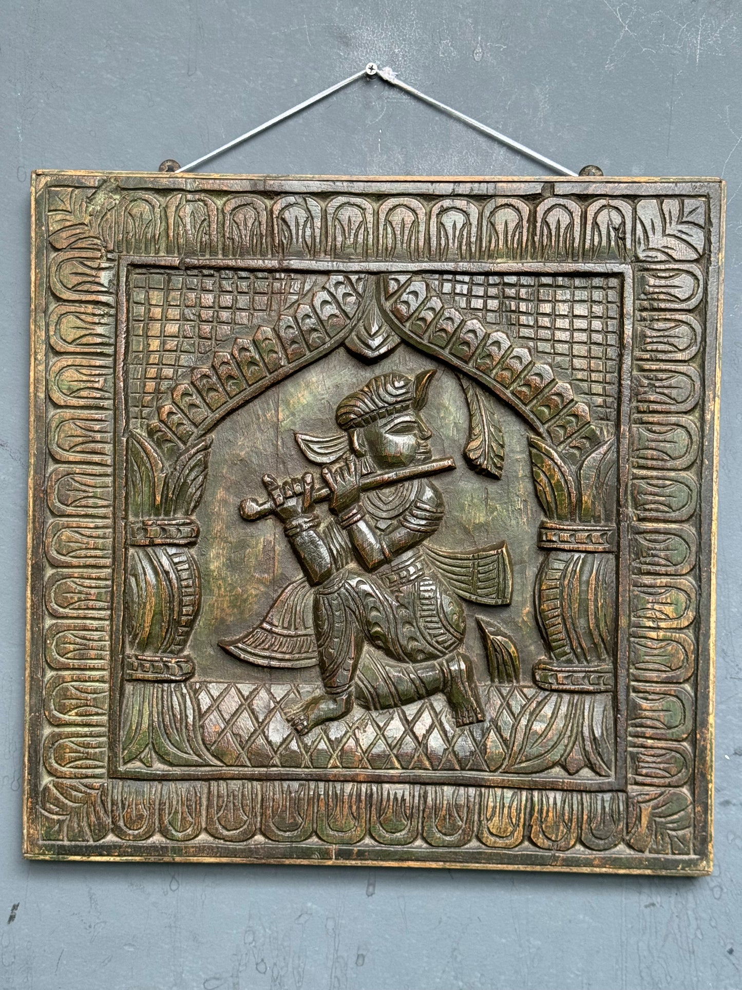 Krishna wall decor frame in distress finish wood - hand carved wall hanging