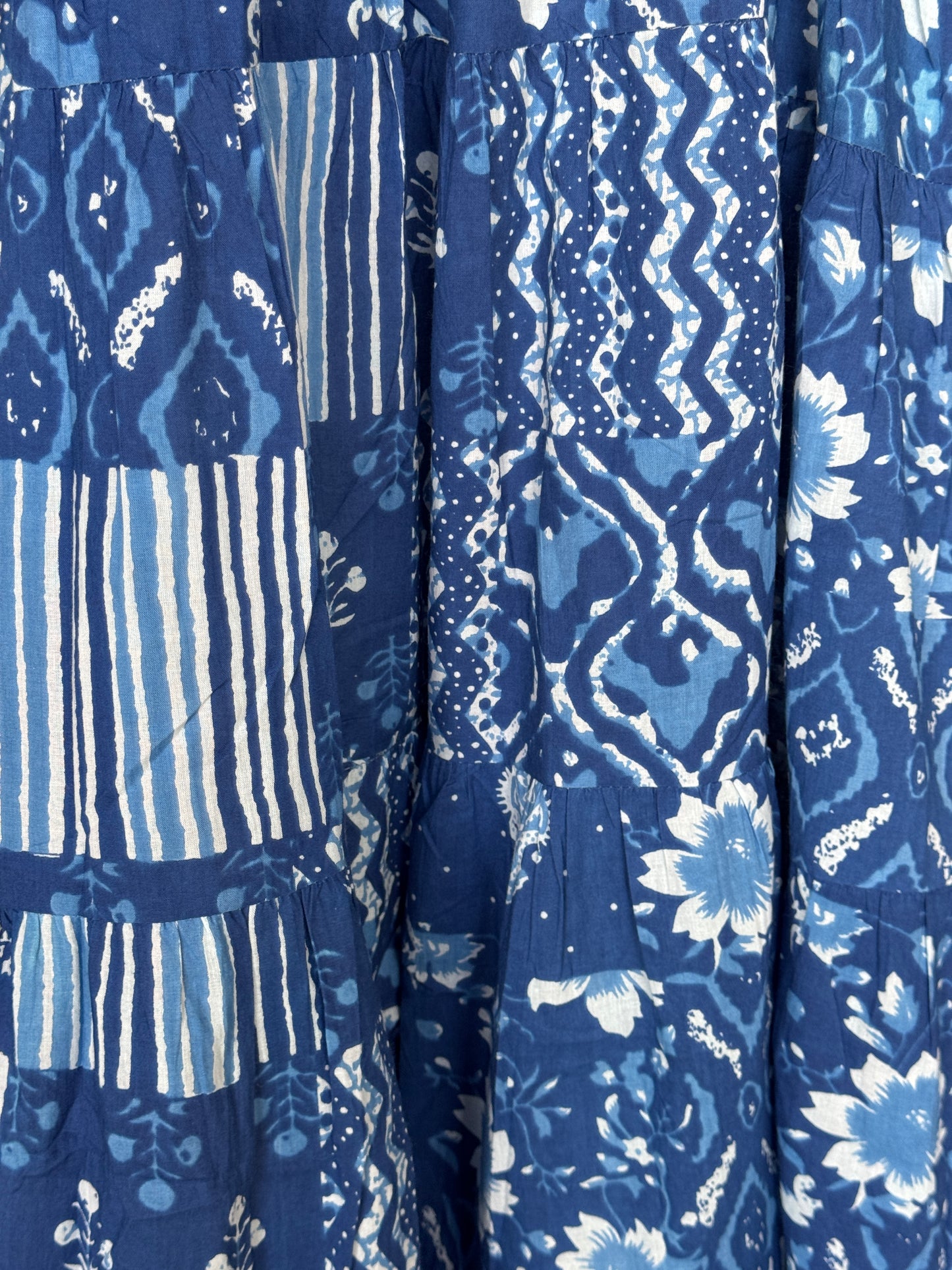 Blue patch work look hand block printed designer sleeveless tiered cotton dress with smocking back