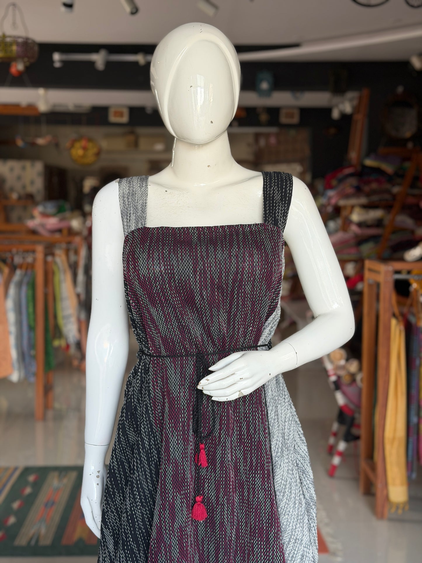 Grey and black panels kantha look cotton hand spun, hand woven playful strappy dress with pockets
