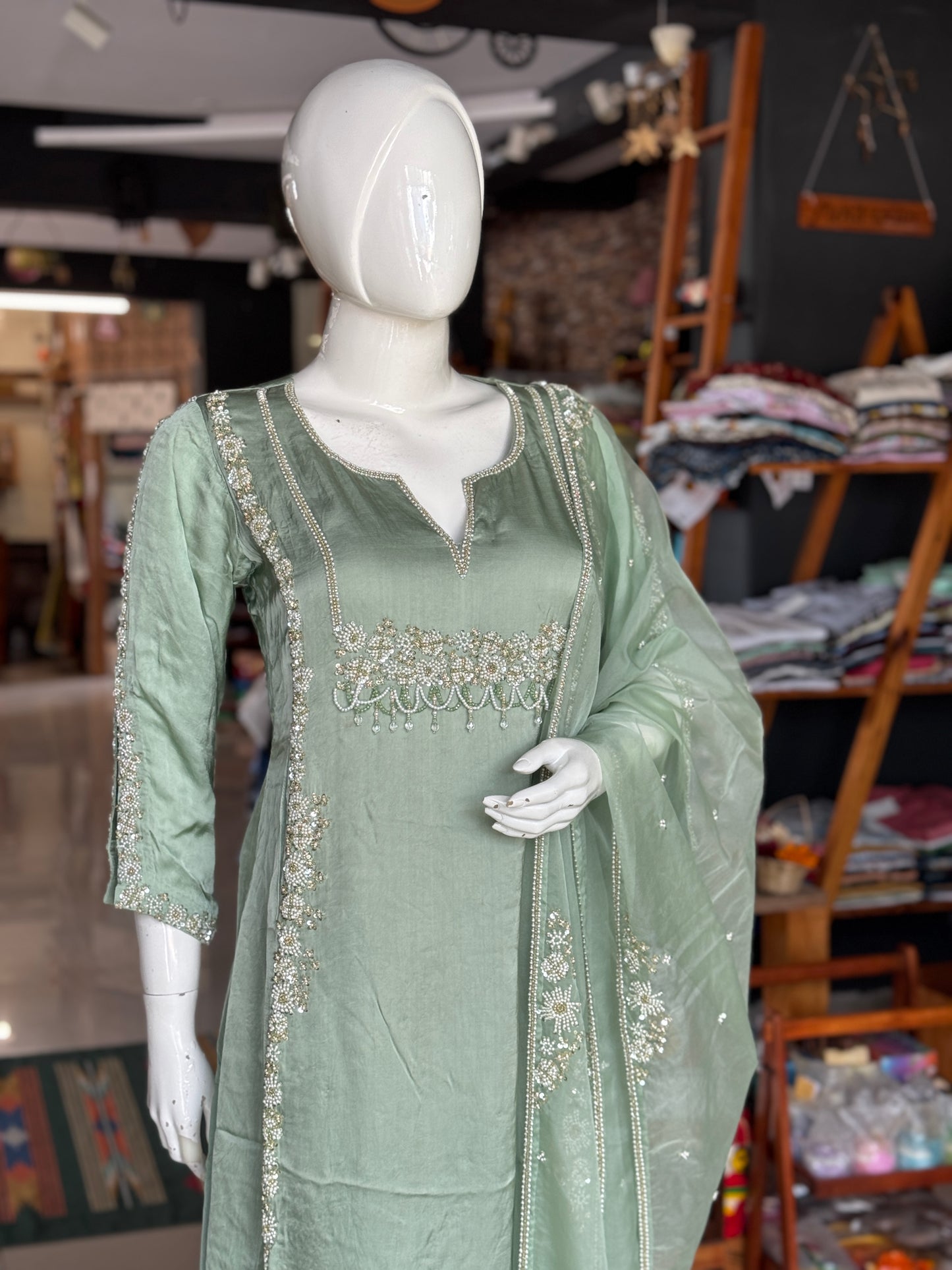 Pastel green magic - hand embroidered long satin georgette kurti, cotton silk pants, organza dupatta - 3 piece set
