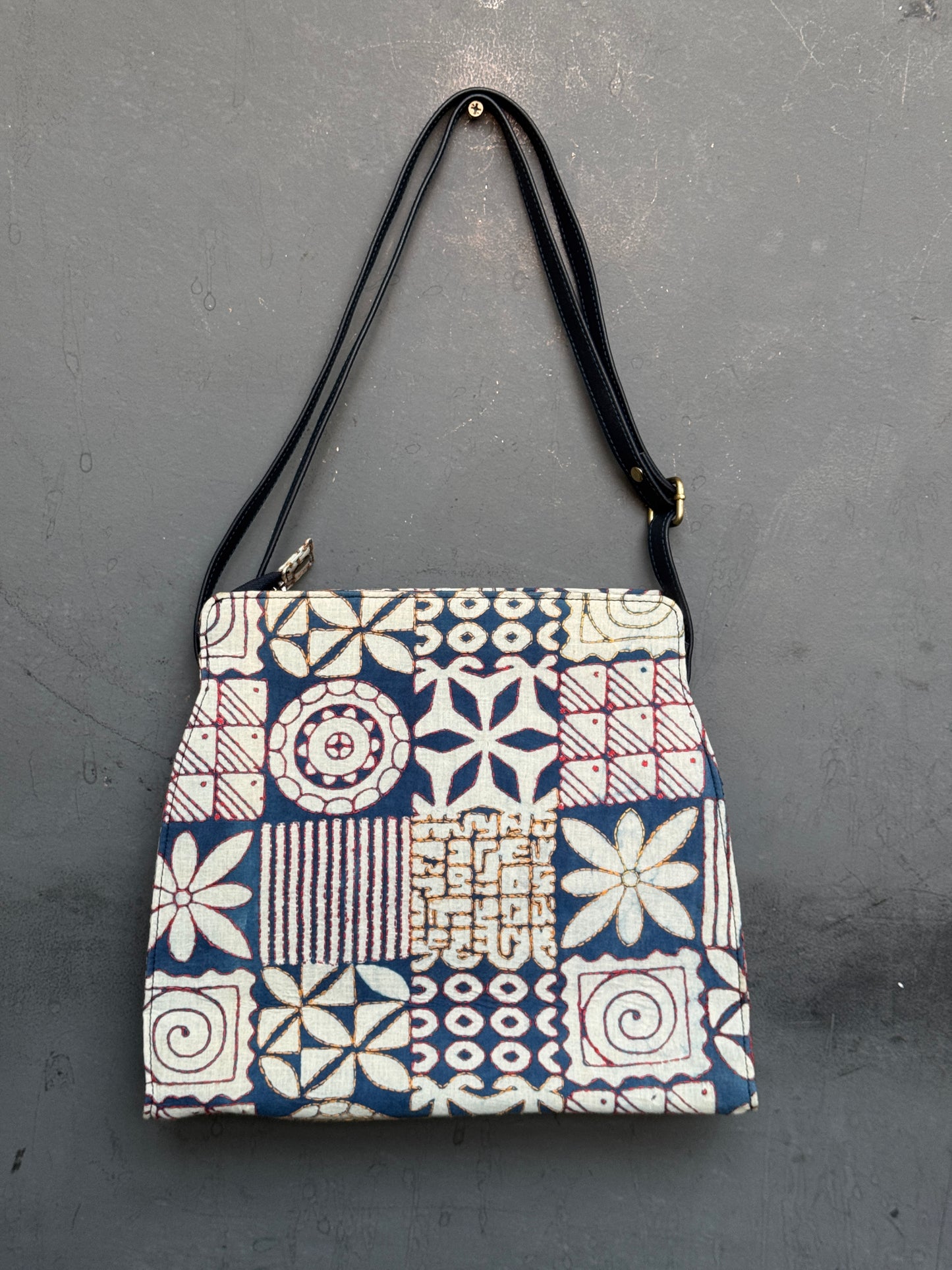 Kantha hand embroidered printed fabric sling bag with adjustable straps