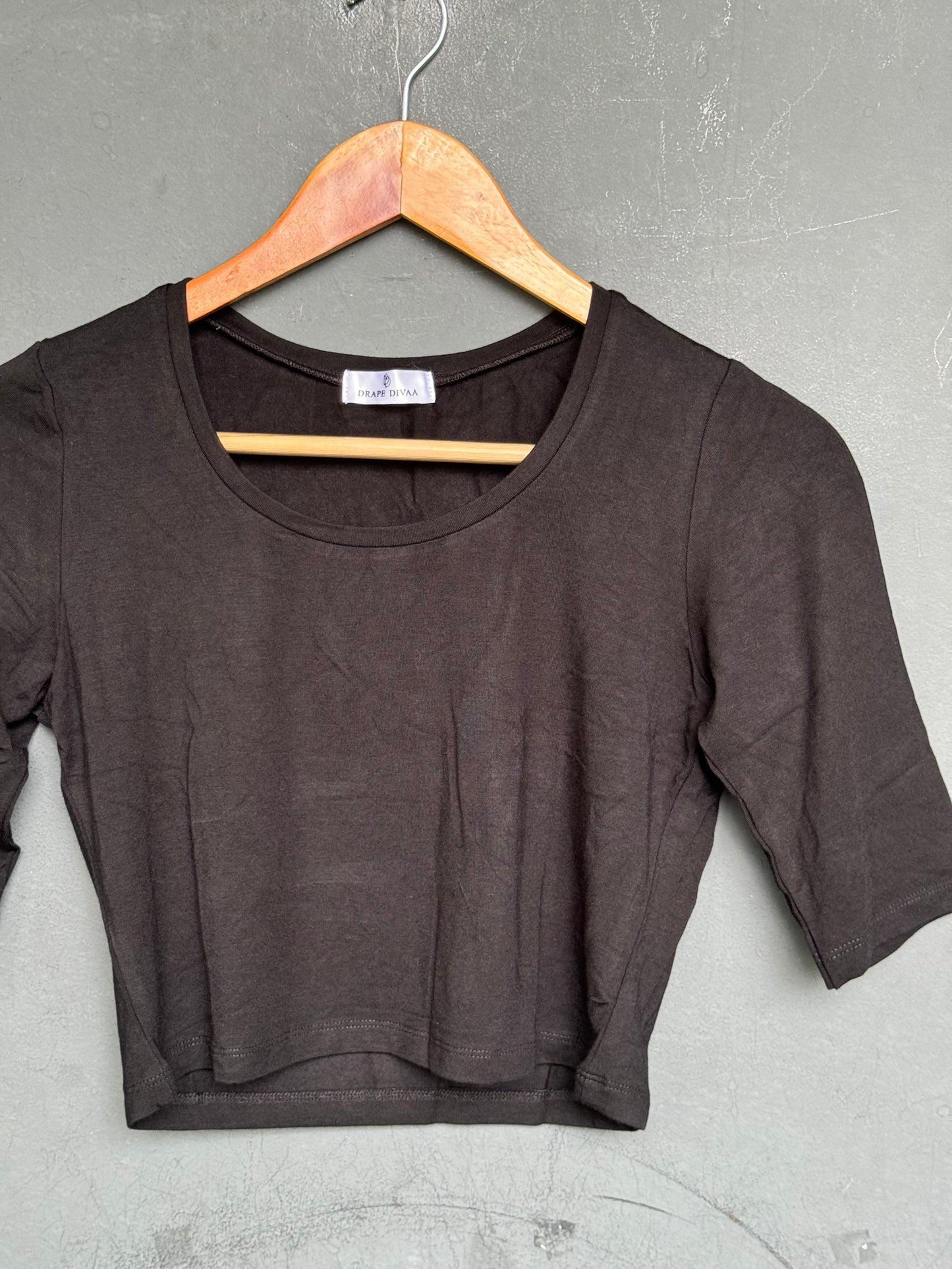 Textured stretchable elbow sleeves plus size deep round neck blouse