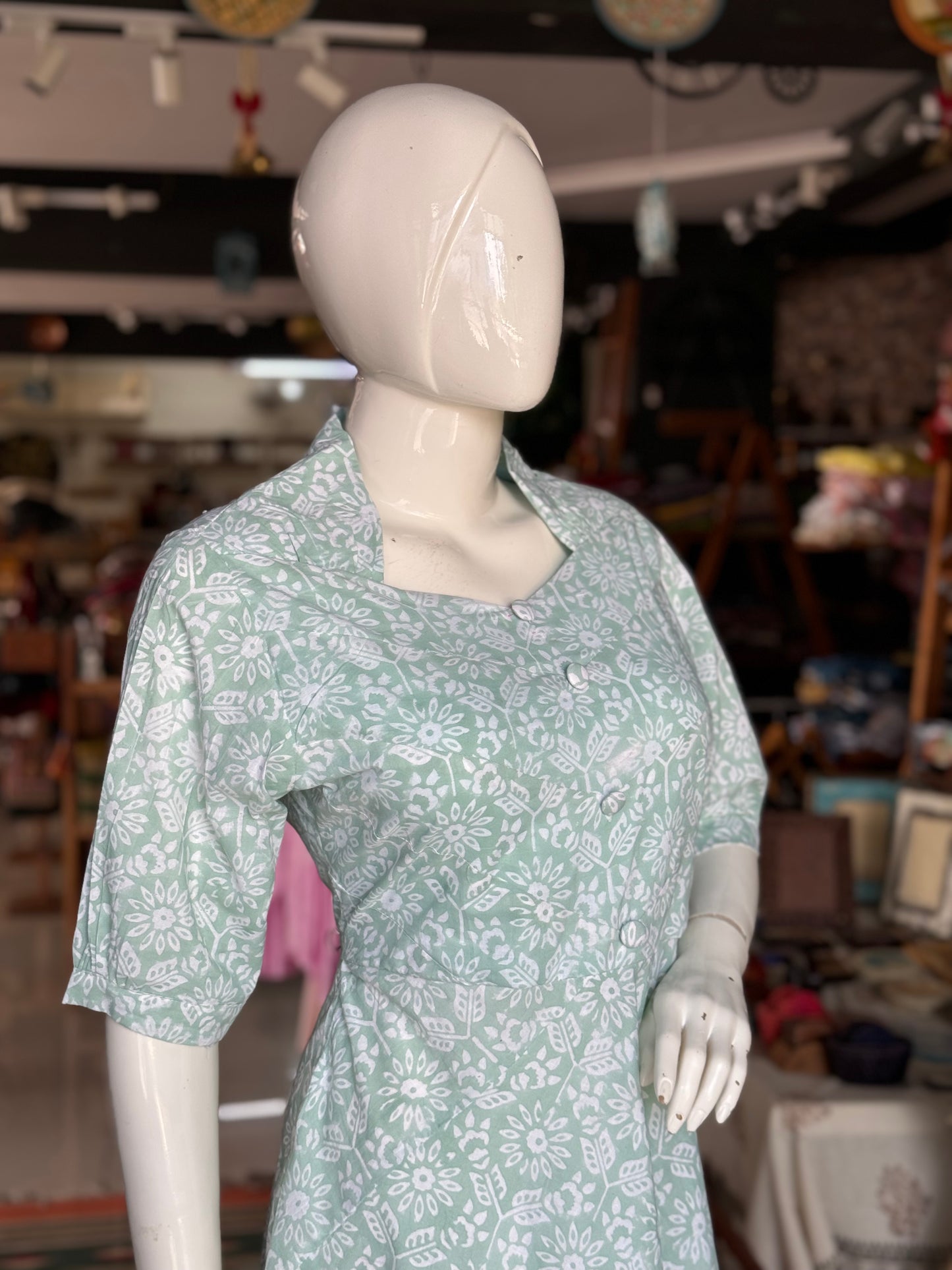 Sea Green floral hand block printed cotton dress with neck detailing
