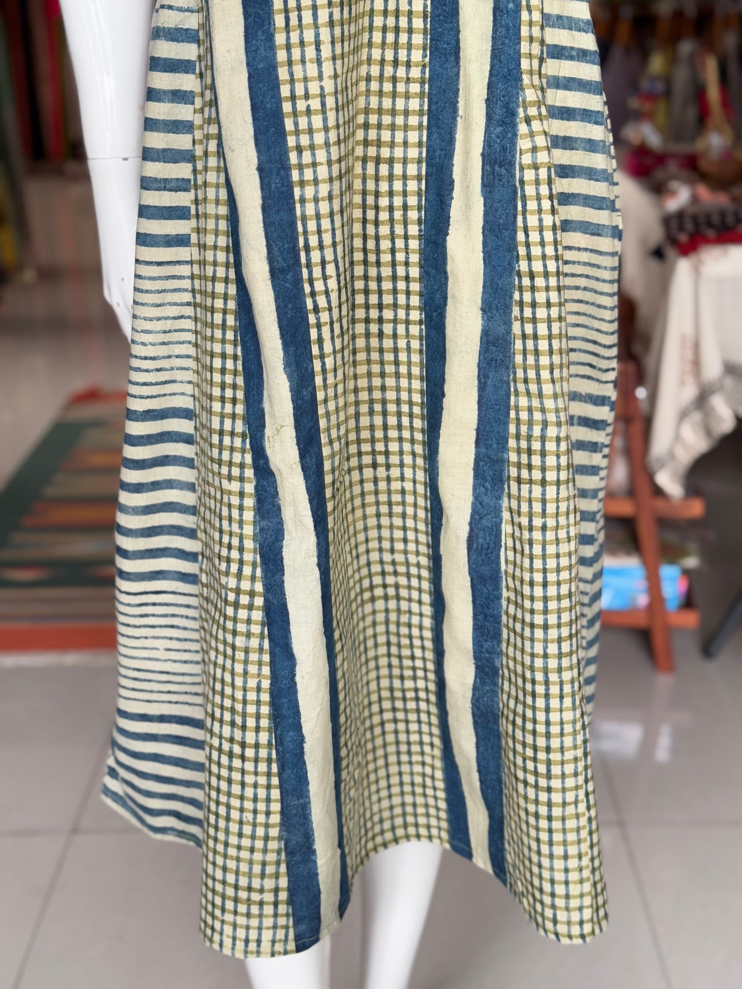 Blue green stripes and checks hand block printed designer cotton dress with boat neck