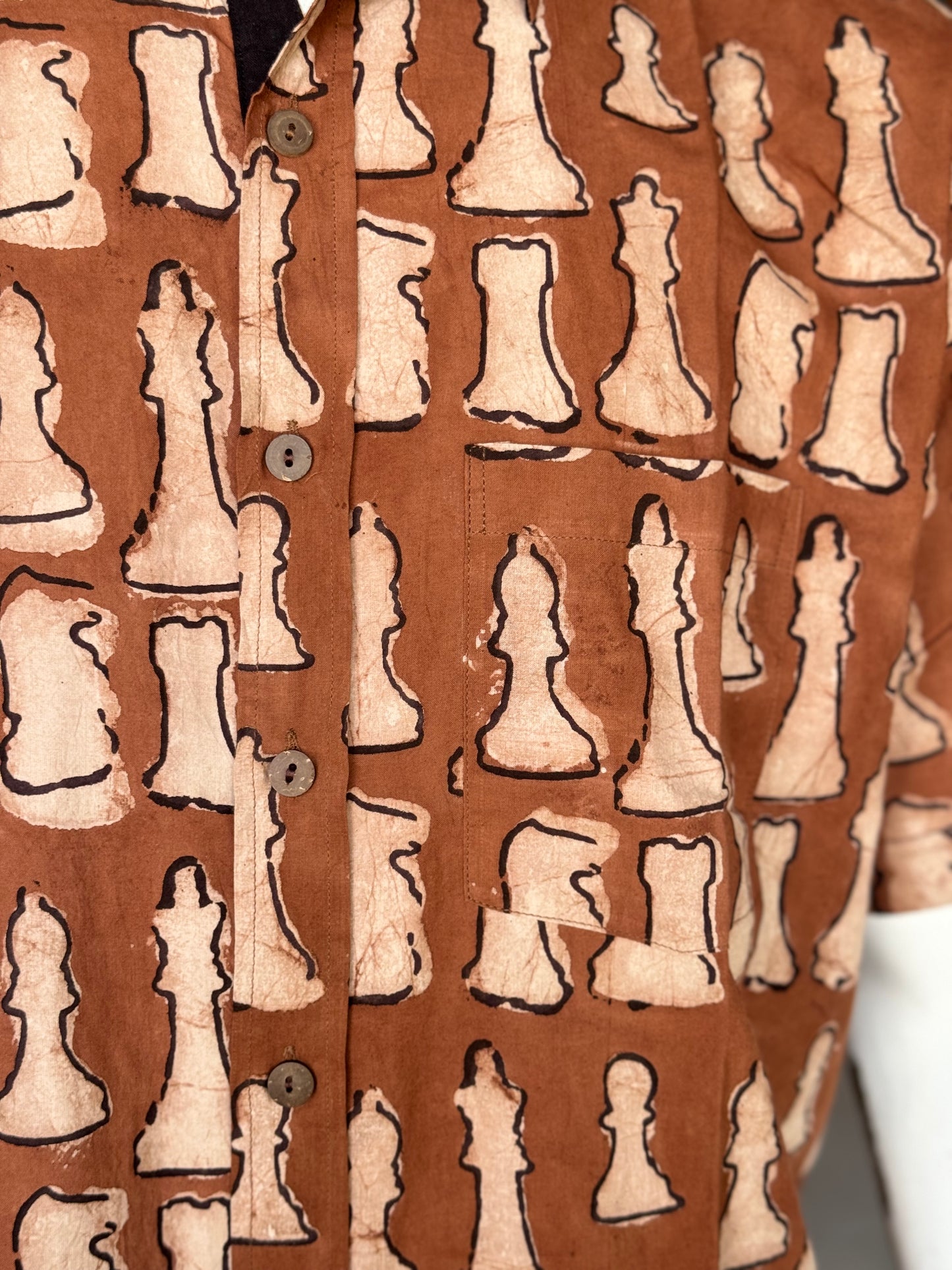 Rust brown Chess print half sleeves mens natural dye, hand block printed cotton shirt