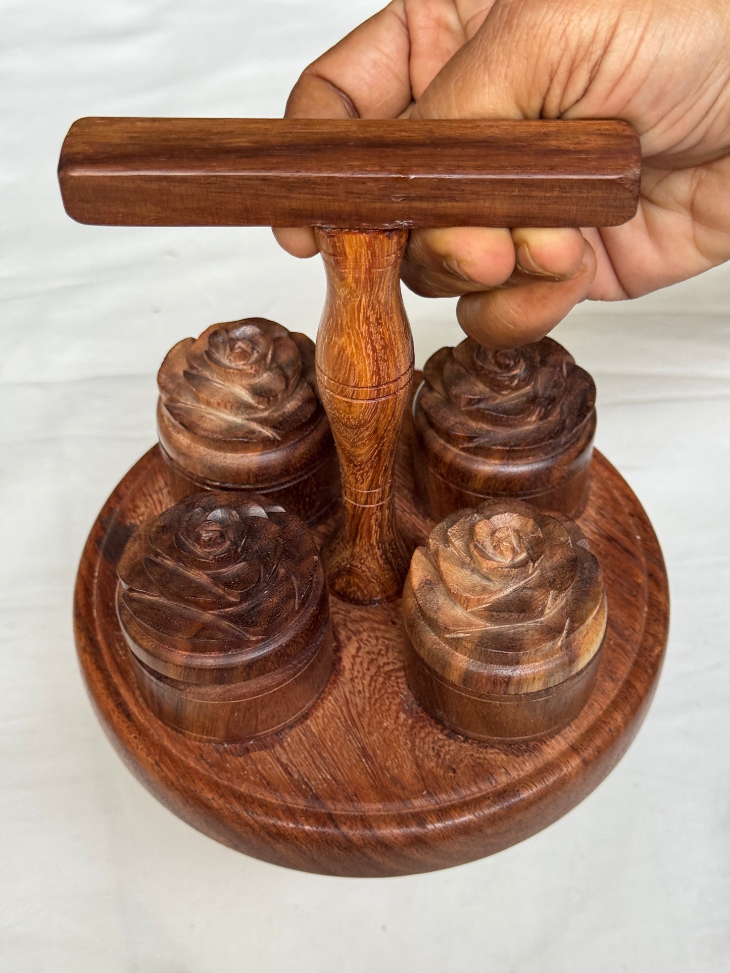 Carry pooja essentials together - handcrafted wood small haldi kumkum chandan akshat boxes with rose on top - with handle and attached to base