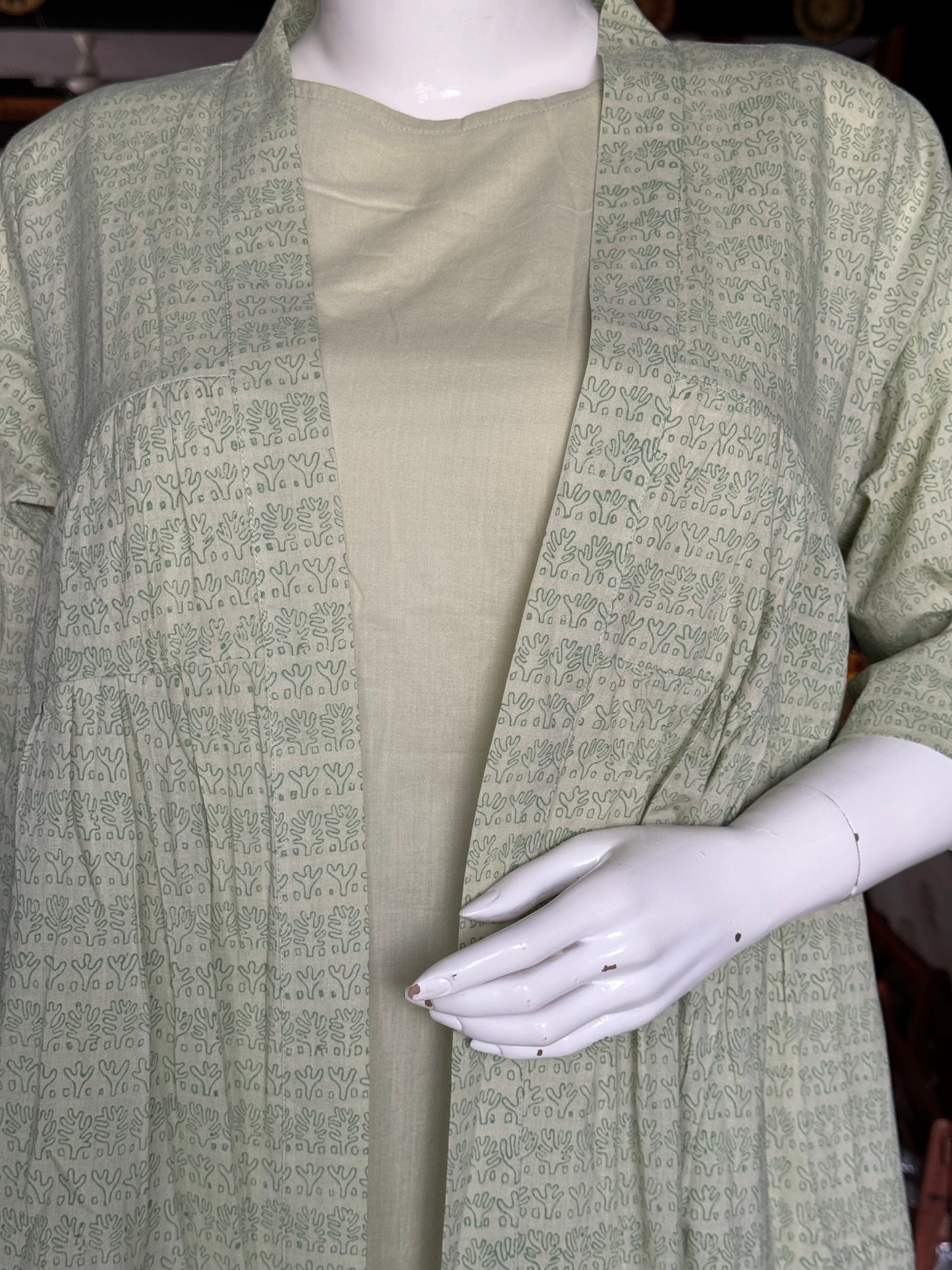 Light green cotton long jacket with plain inner - self design hand block printed