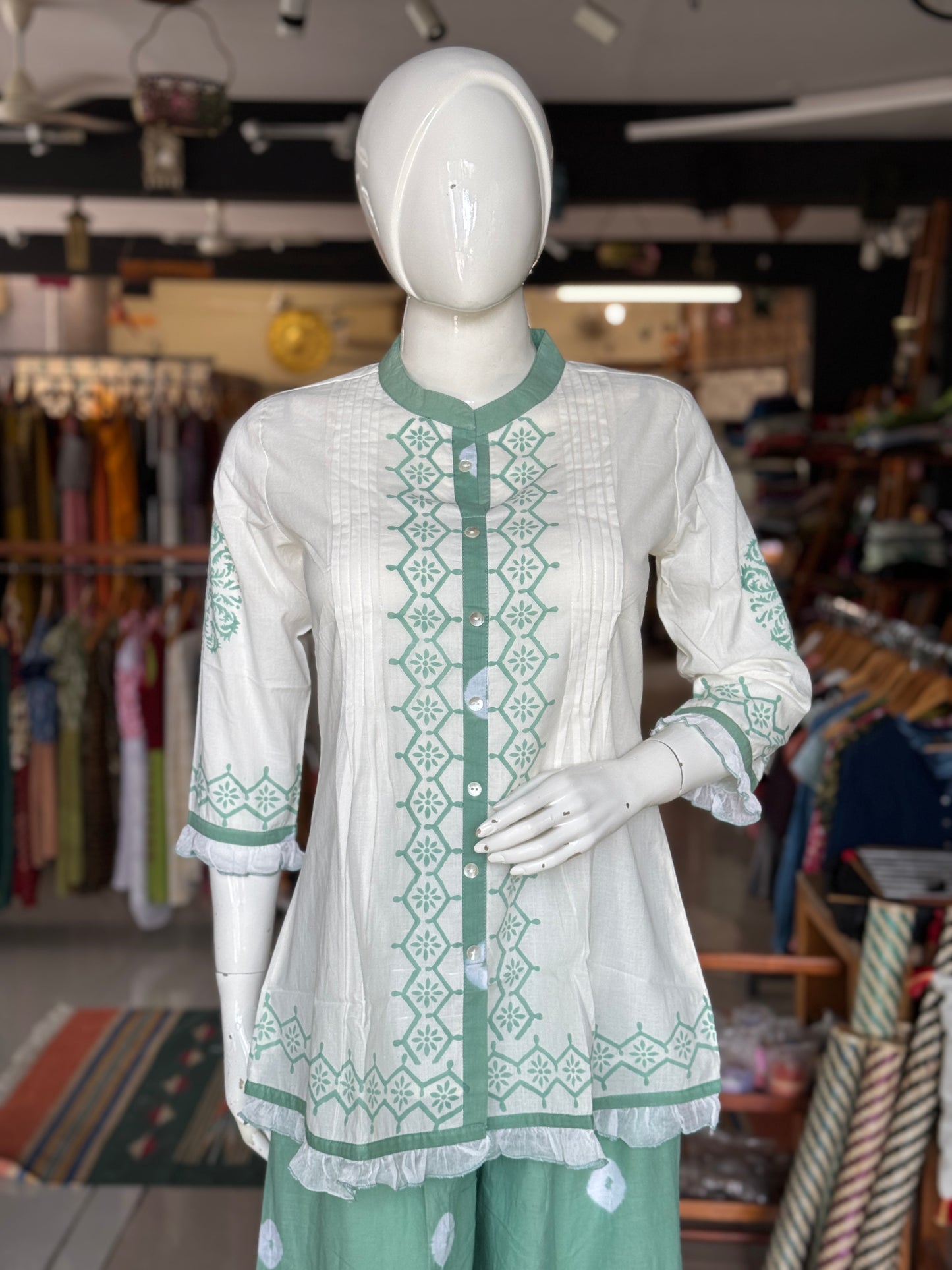 White n sea green hand block printed cotton top, stylish flared pants - 2 piece set
