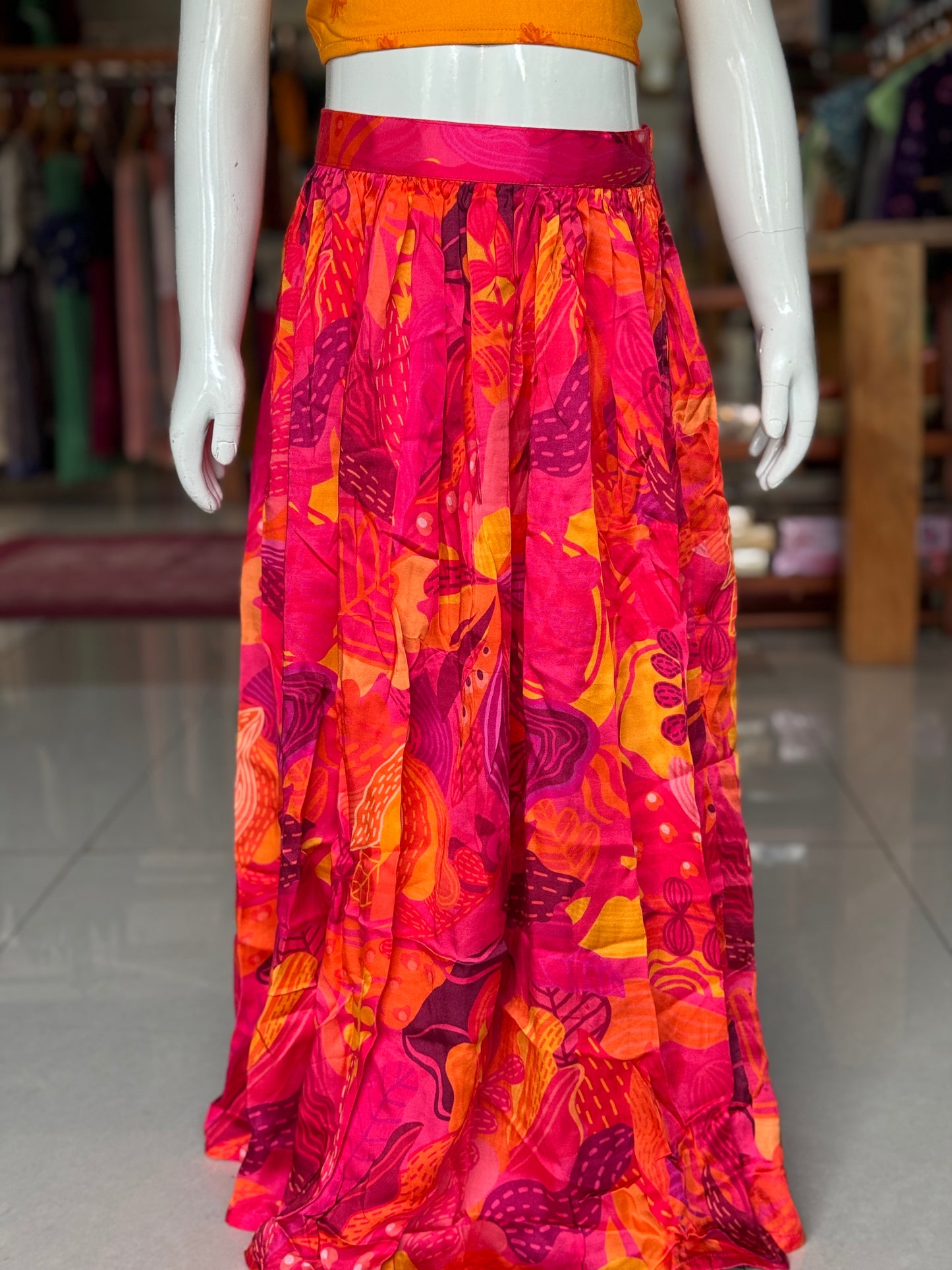 Bright pink and orange modal digital printed lehenga skirt and cotton top - 2 piece set