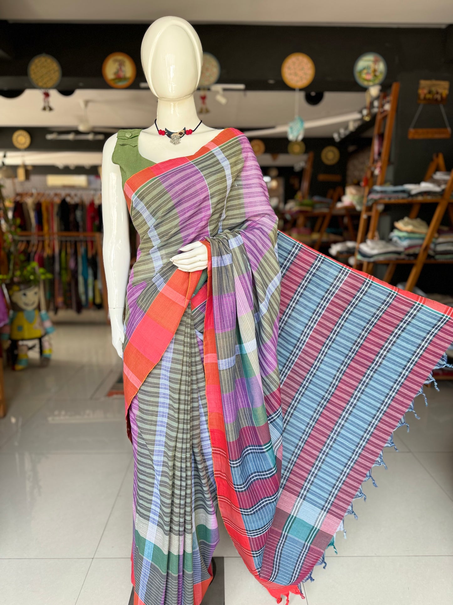 Purple and green gamcha style hand woven cotton saree