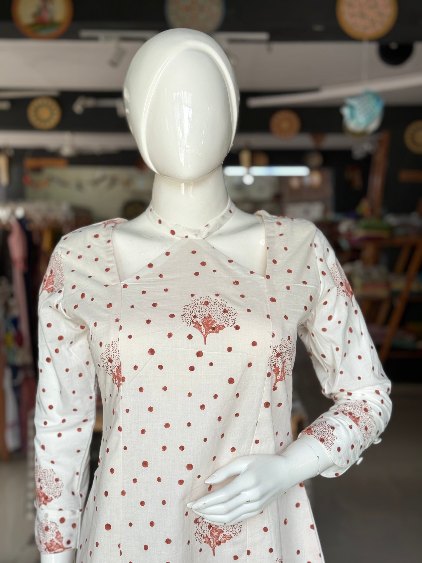 Off white with brown hand block printed soft cotton fancy neckline dress / kurta