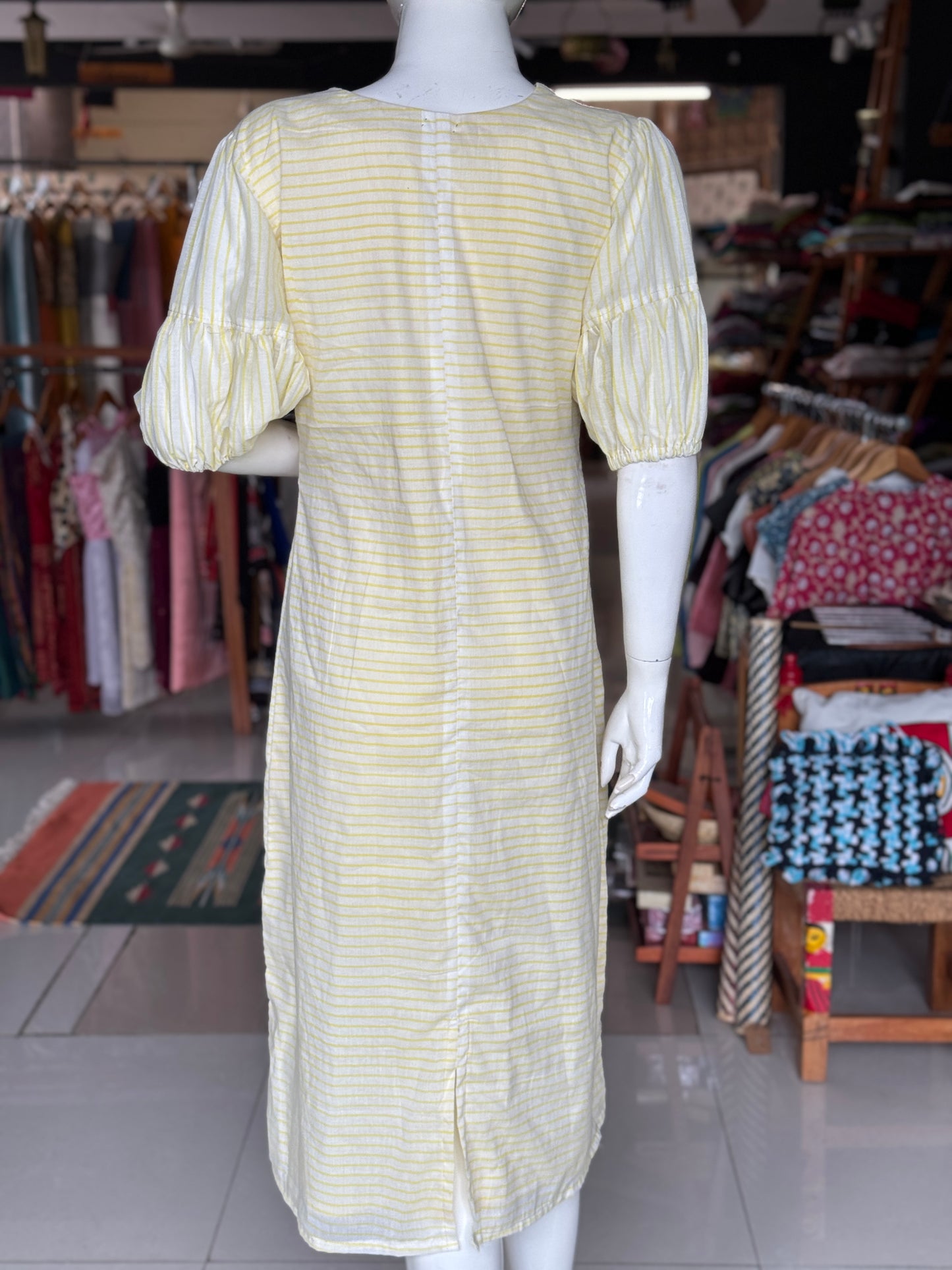 Off white and yellow stripes hand block printed soft cotton dress