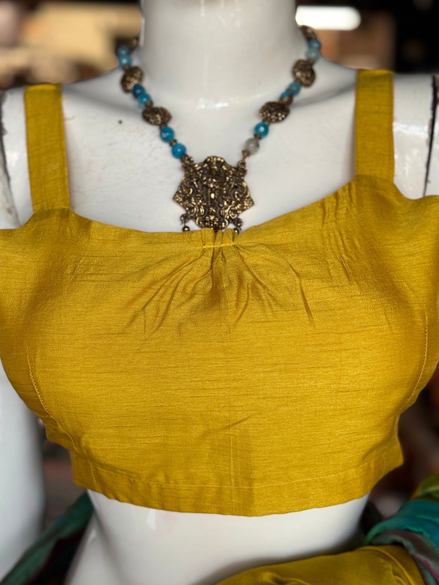 Yellow strap sleeves back open silk blouse