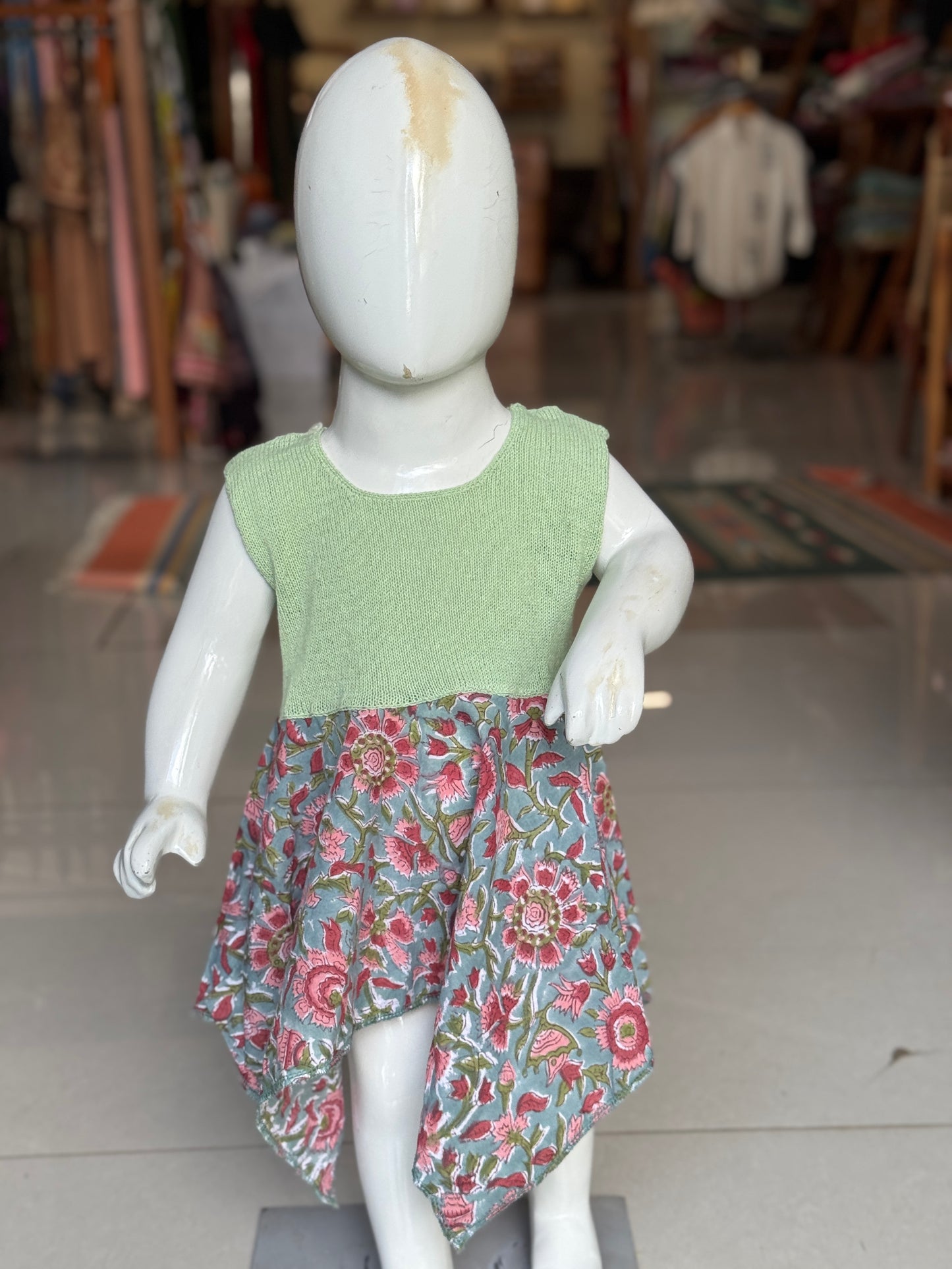 Crochet hand work yoke with hand block printed kerchief cut soft cotton frock