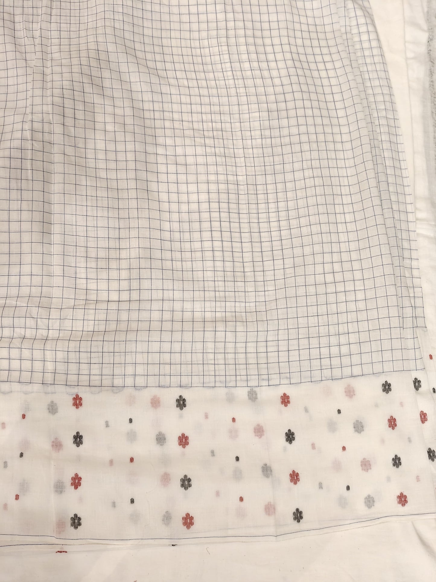 White n blue checks n flowers Jamdani soft cotton handloom fabric