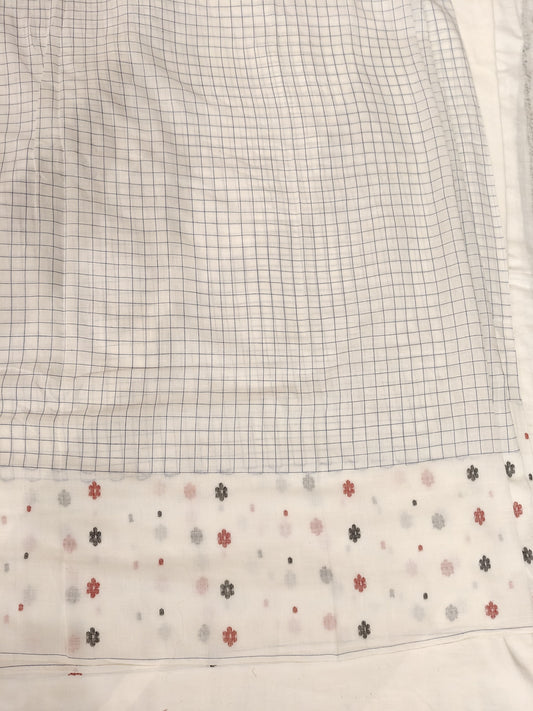 White n blue checks n flowers Jamdani soft cotton handloom fabric