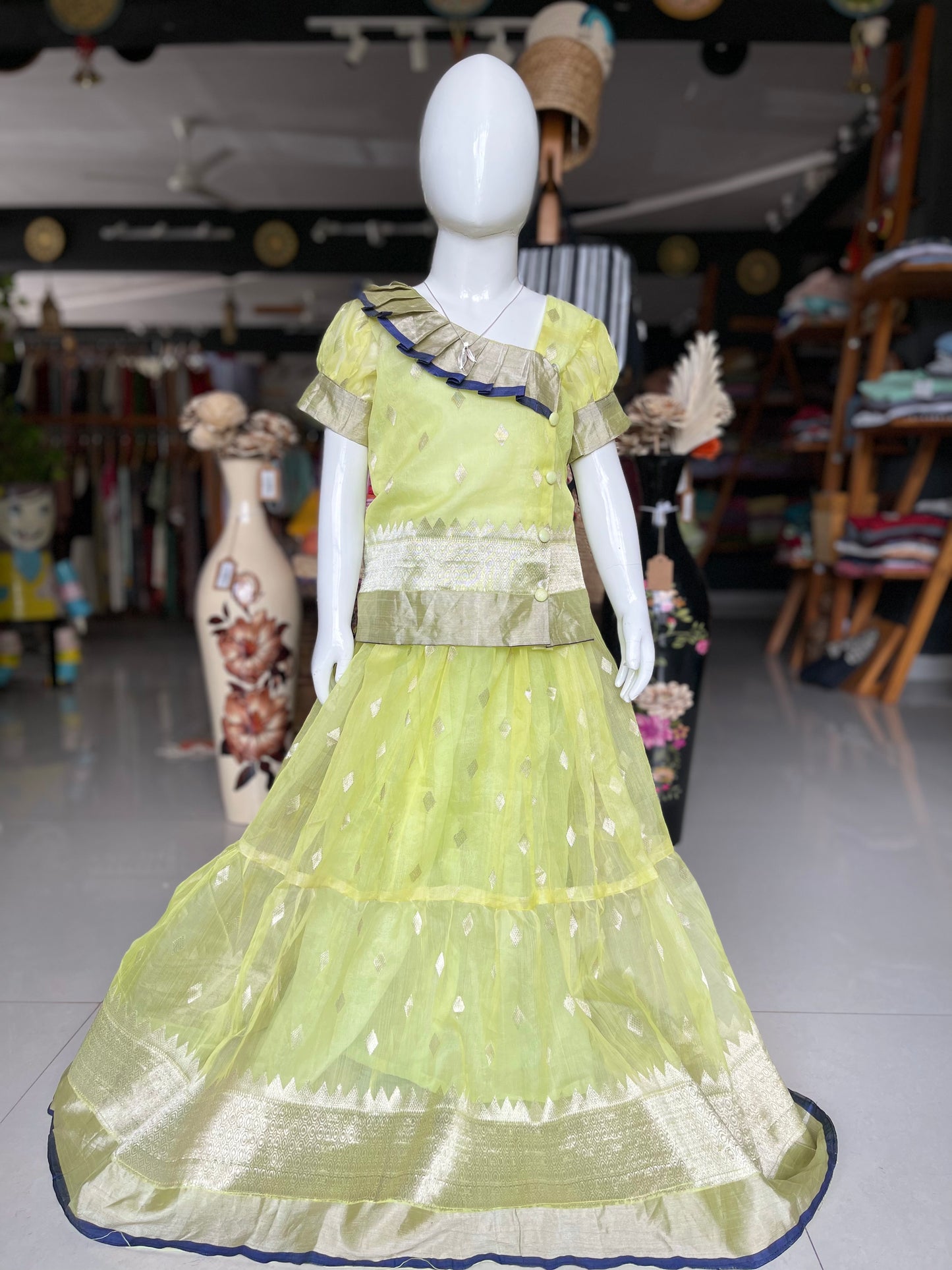 Yellow handwoven Chanderi katan silk lehenga blouse set
