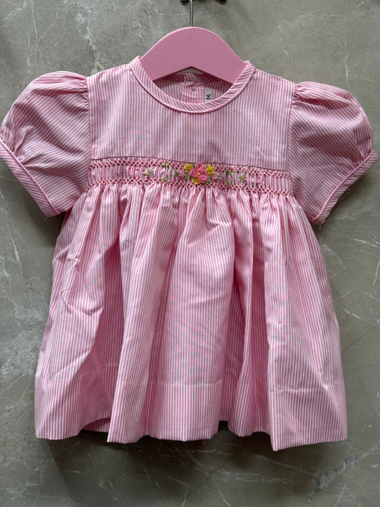 Pink stripes hand embroidered smocking cotton frock for little girls