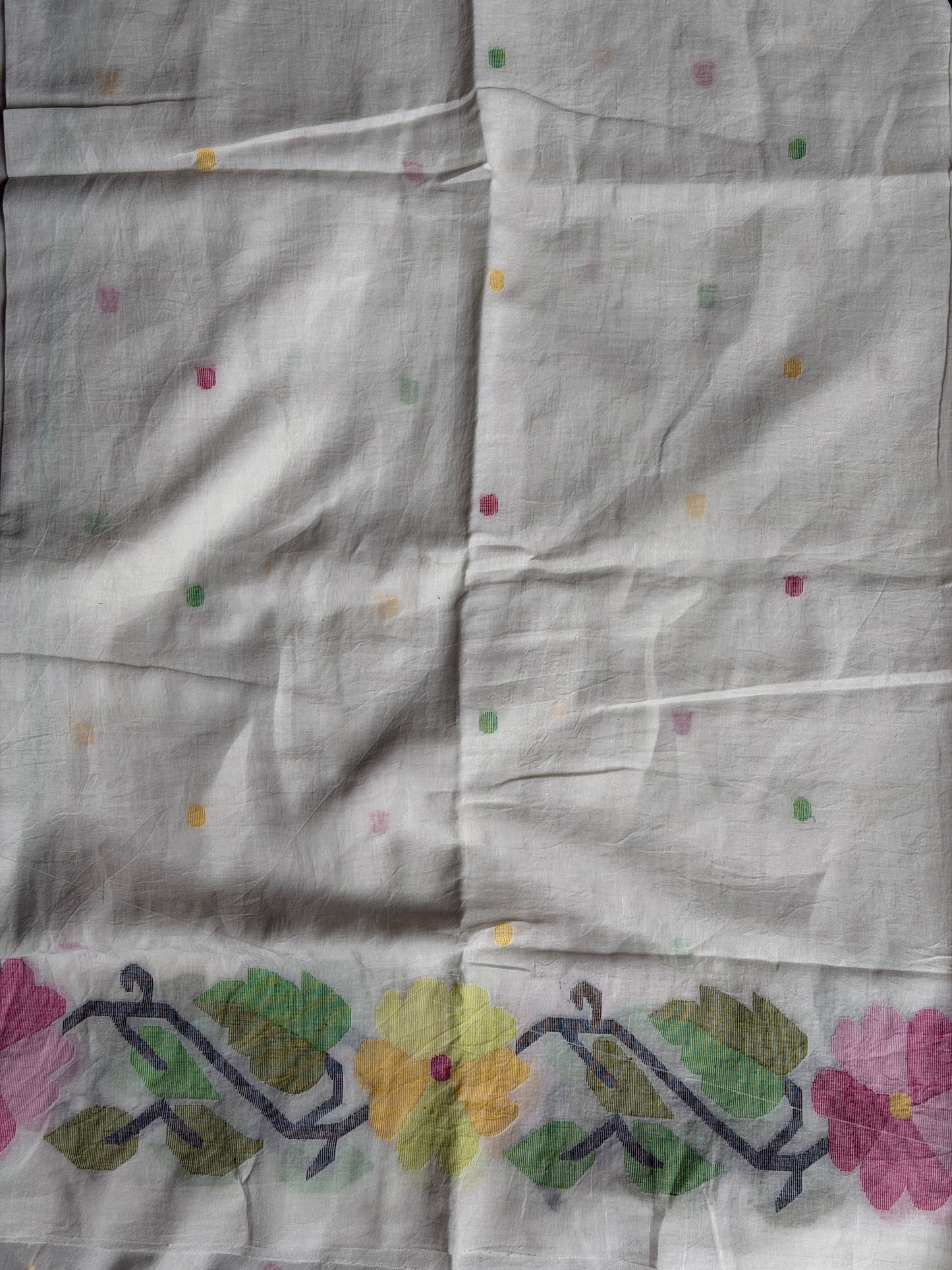 Off white Jamdani soft cotton handloom fabric with multi color floral border