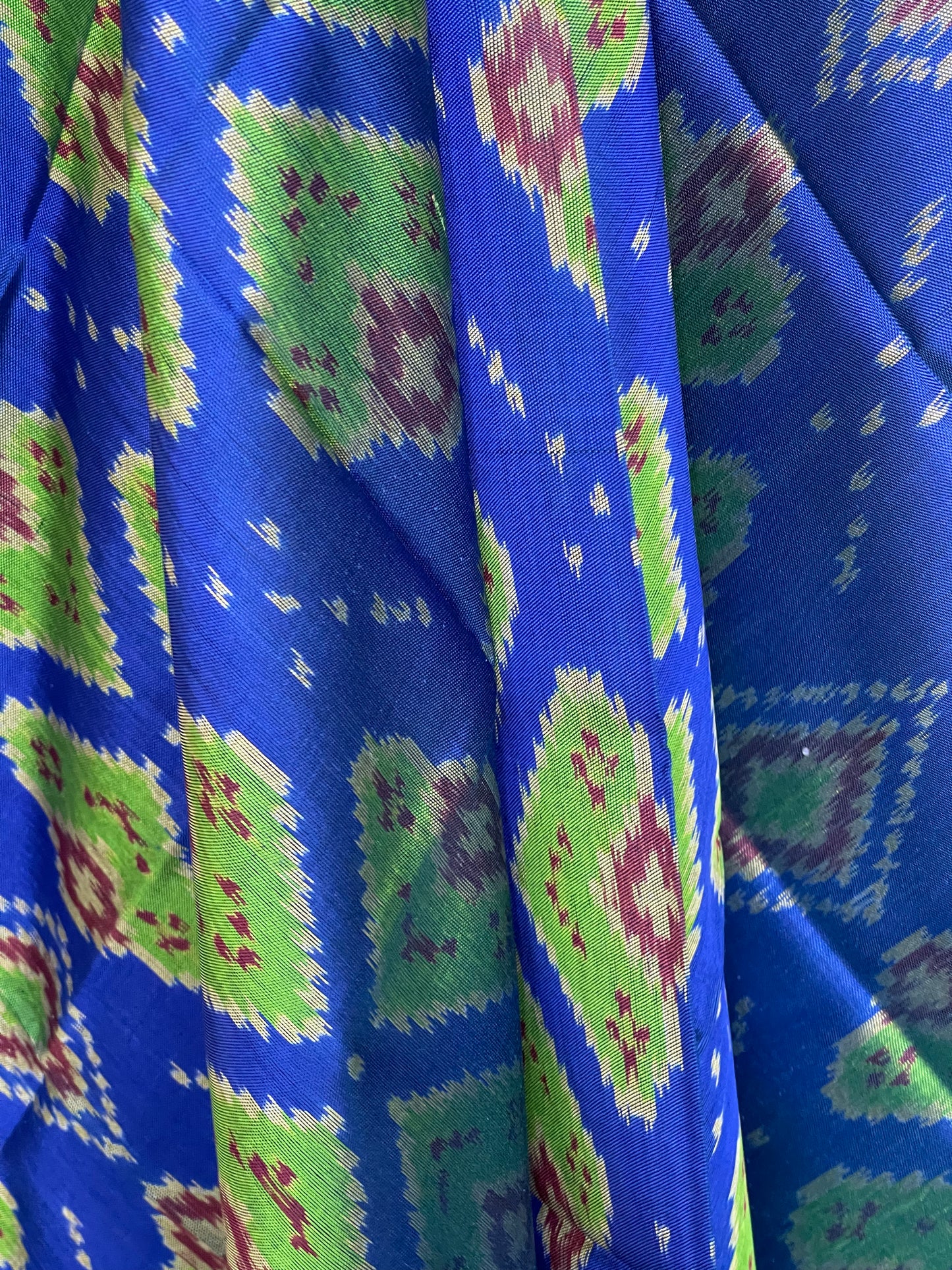 Bright blue and green handwoven mulberry silk ikat patola dupatta