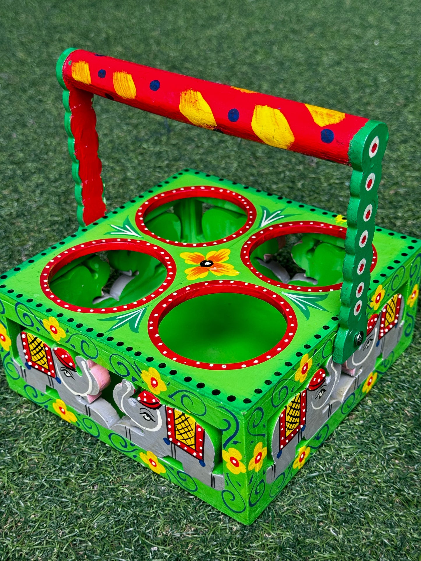 Hand painted wooden glass / tea caddy - 4 holes