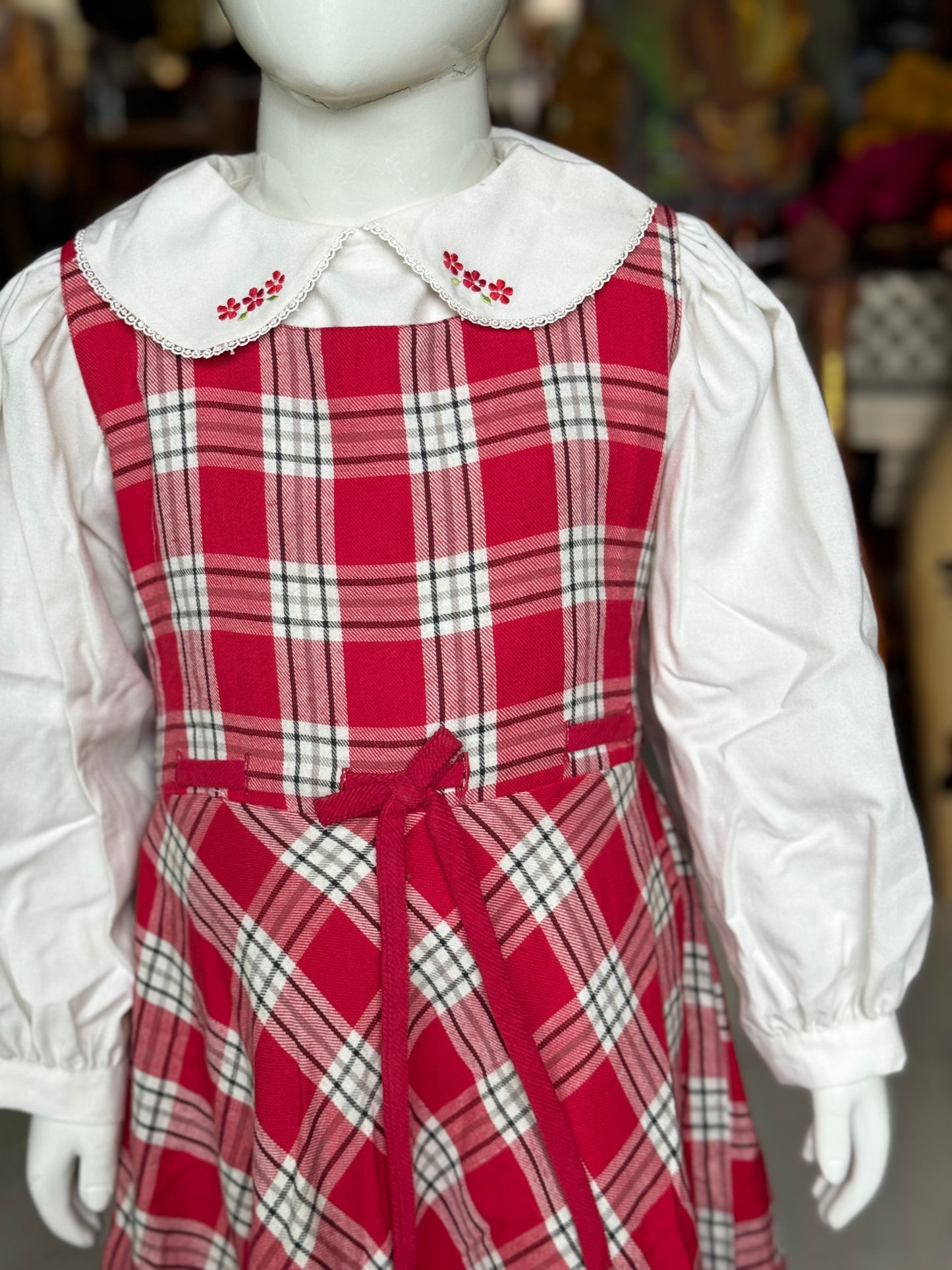 Red and white checks frock with embroidered collar and long sleeves