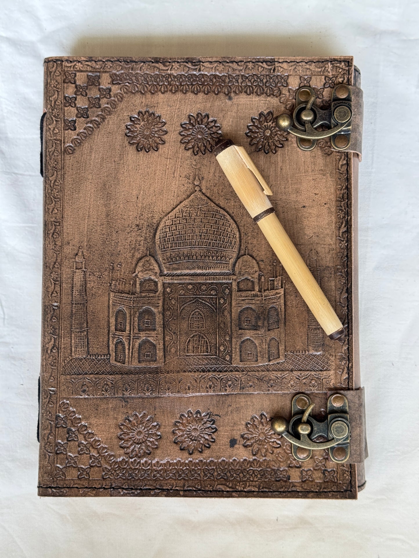 Deckle edged Leather embossed handcrafted notebook with thick handmade papers - 10 x 7 in