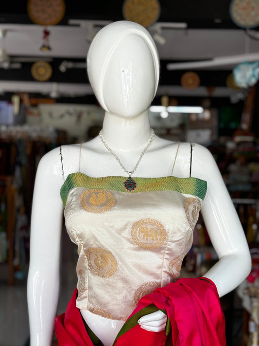 Cream elephant buti noodle strap art silk crop top / blouse with green border