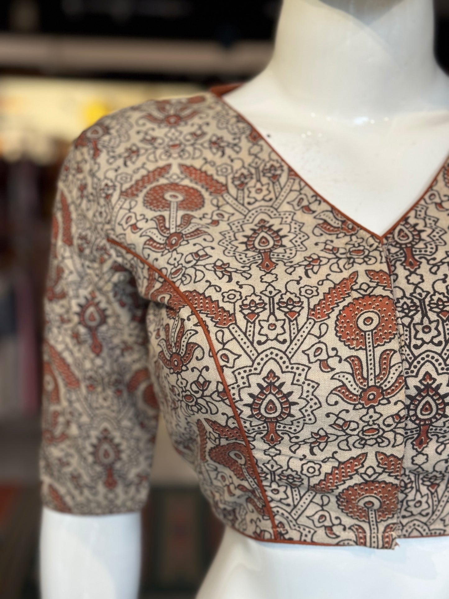 Beige n brown floral natural dyed, handwoven cotton blouse with piping details and lining