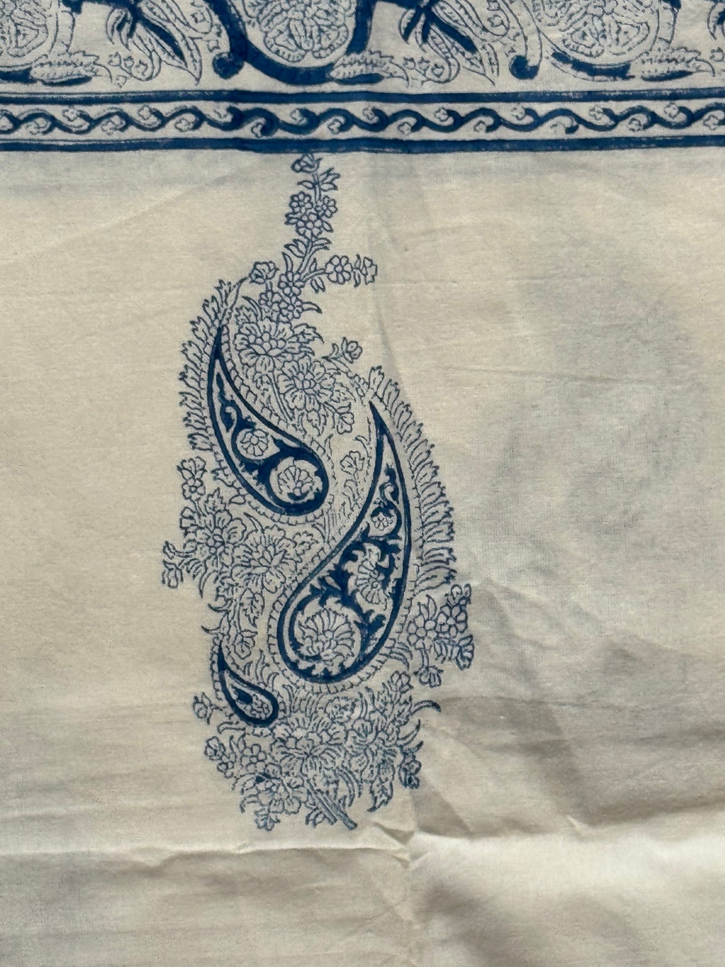 Blue floral print (brass hand block prints) on white base pure cotton super king size bedsheet