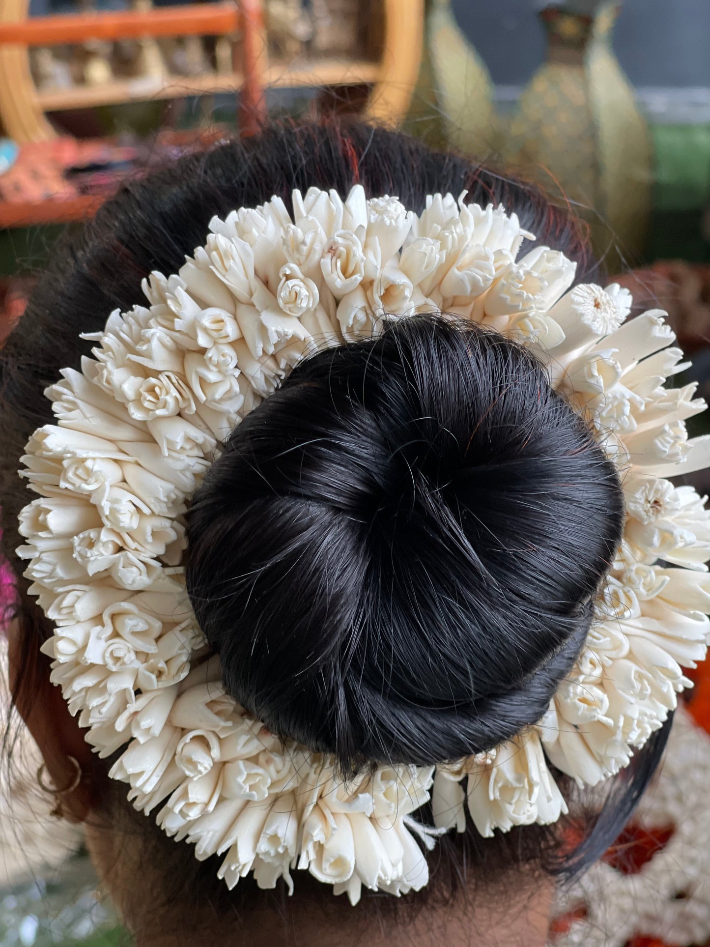 White lily Sholapith handmade flowers hair mala