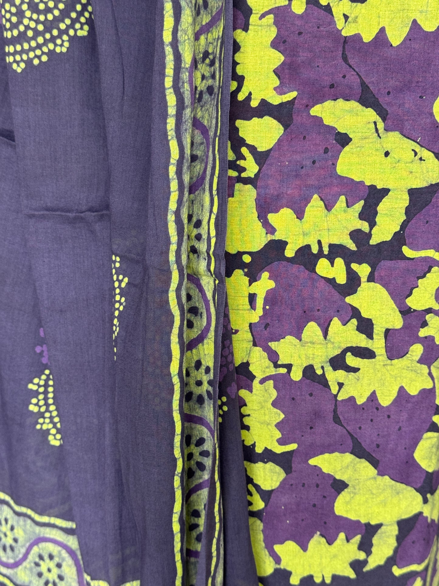 Violet n green batik cotton straight kurta, dupatta and pants - 3 piece suit set